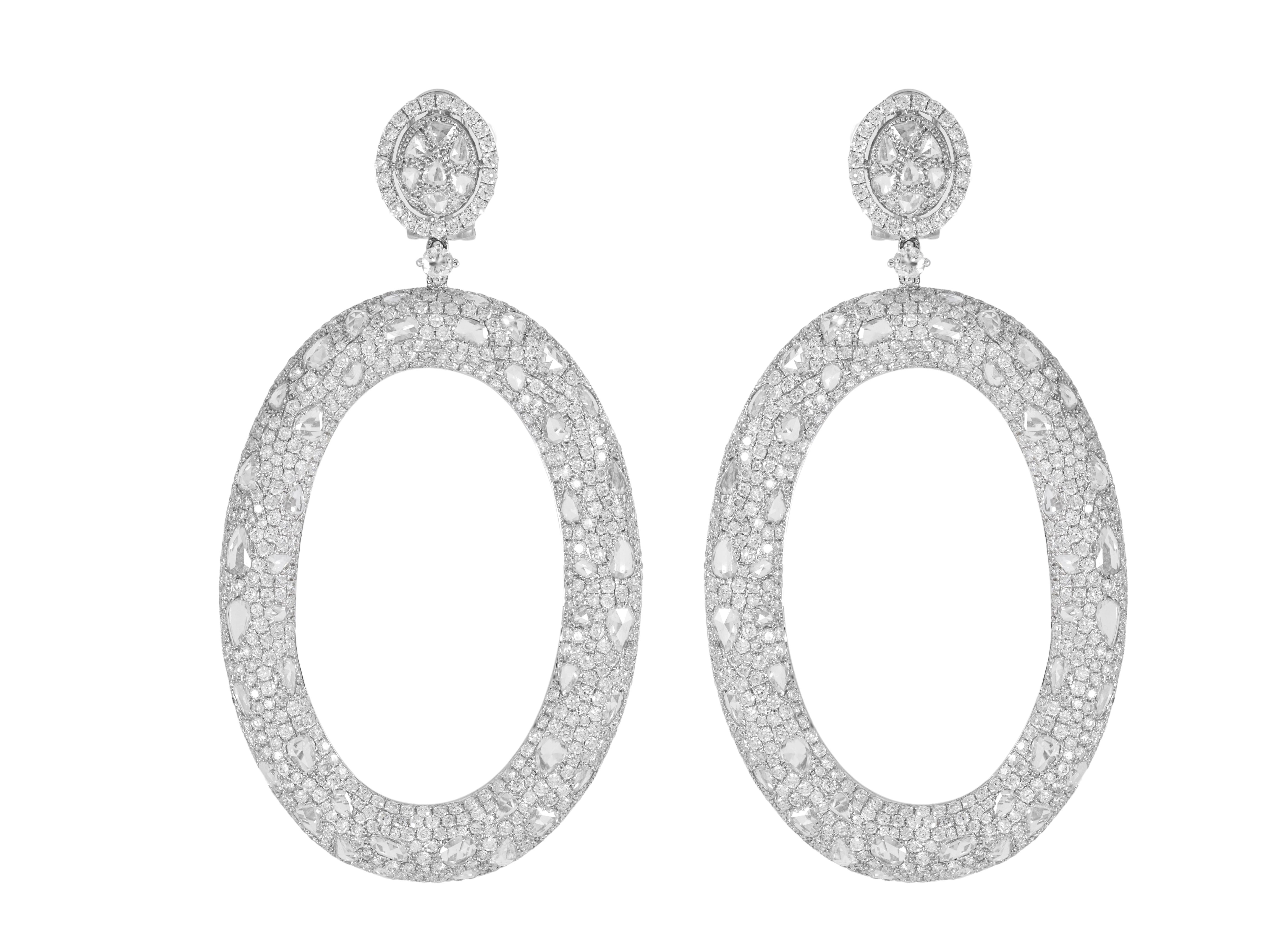 18k Weißgold  ohrringe mit Diamanten im Rosen- und Rundschliff, 17,97 Karat Diamanten im Rosen- und Rundschliff.
