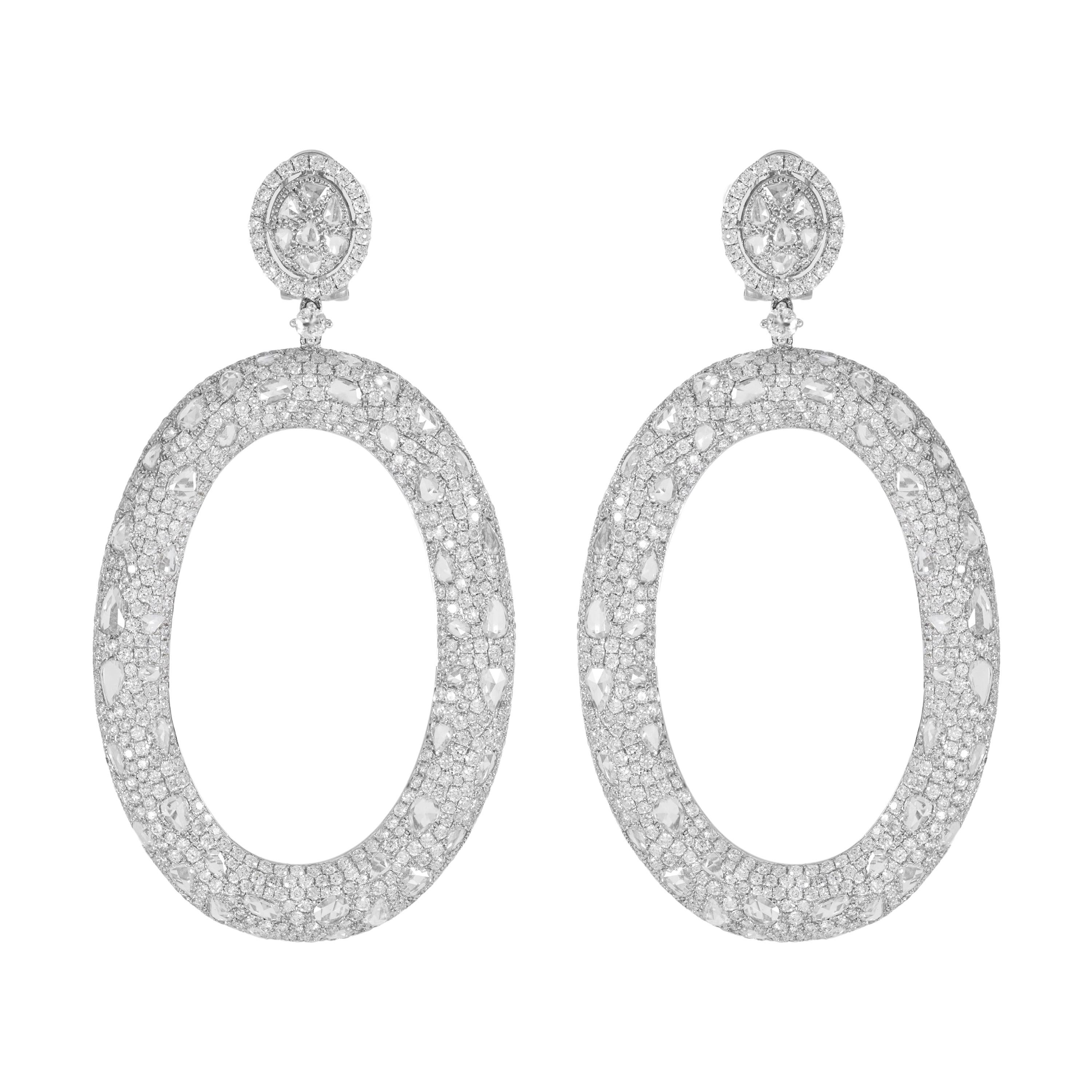 18k White Gold Diamond Earrings with 17.97 Carats of Rose and Round Cut Diamonds