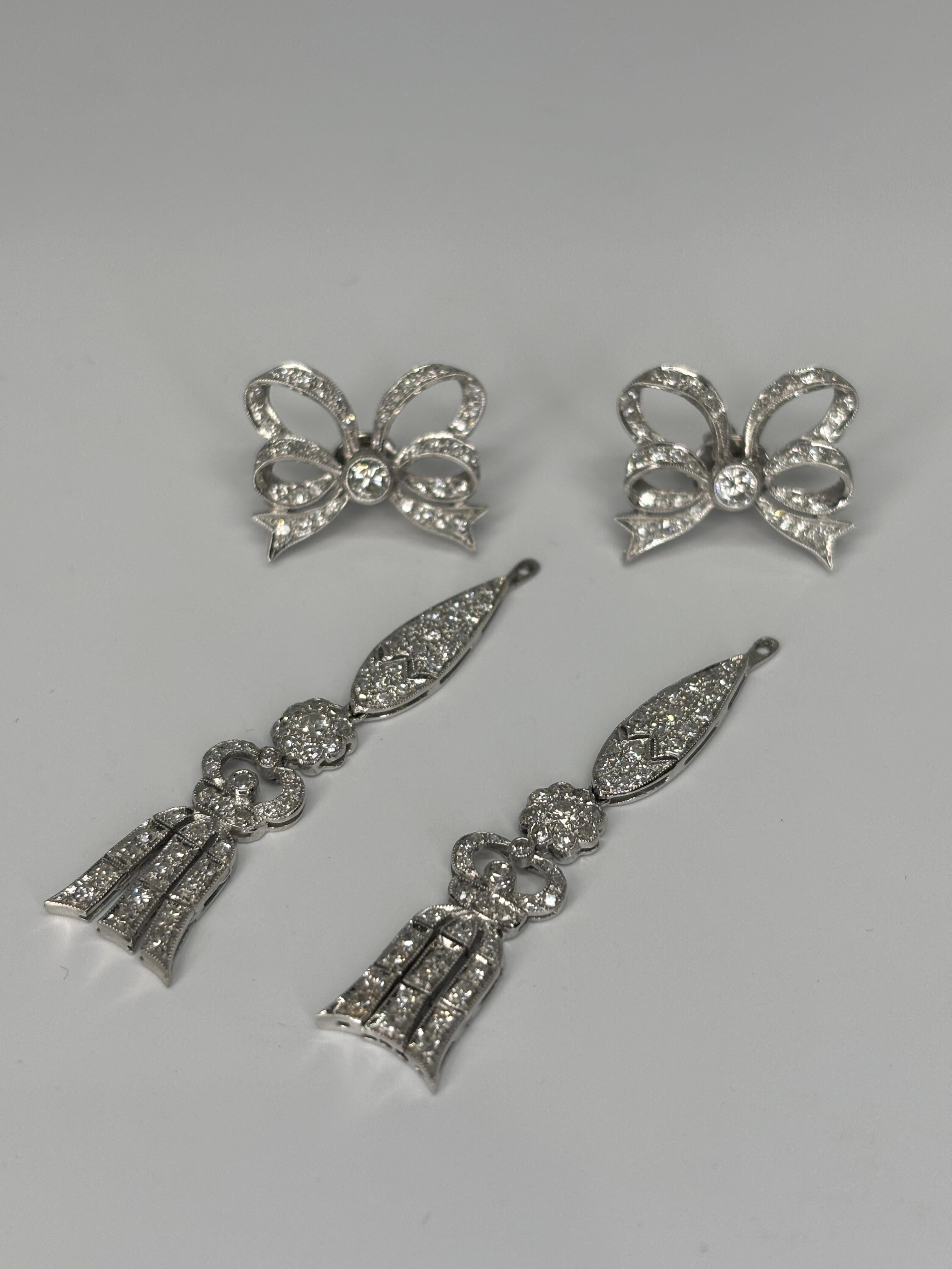 18k White Gold Diamond Edwardian Style Bow & Tassel Jacket, Enhancer Earrings  For Sale 9