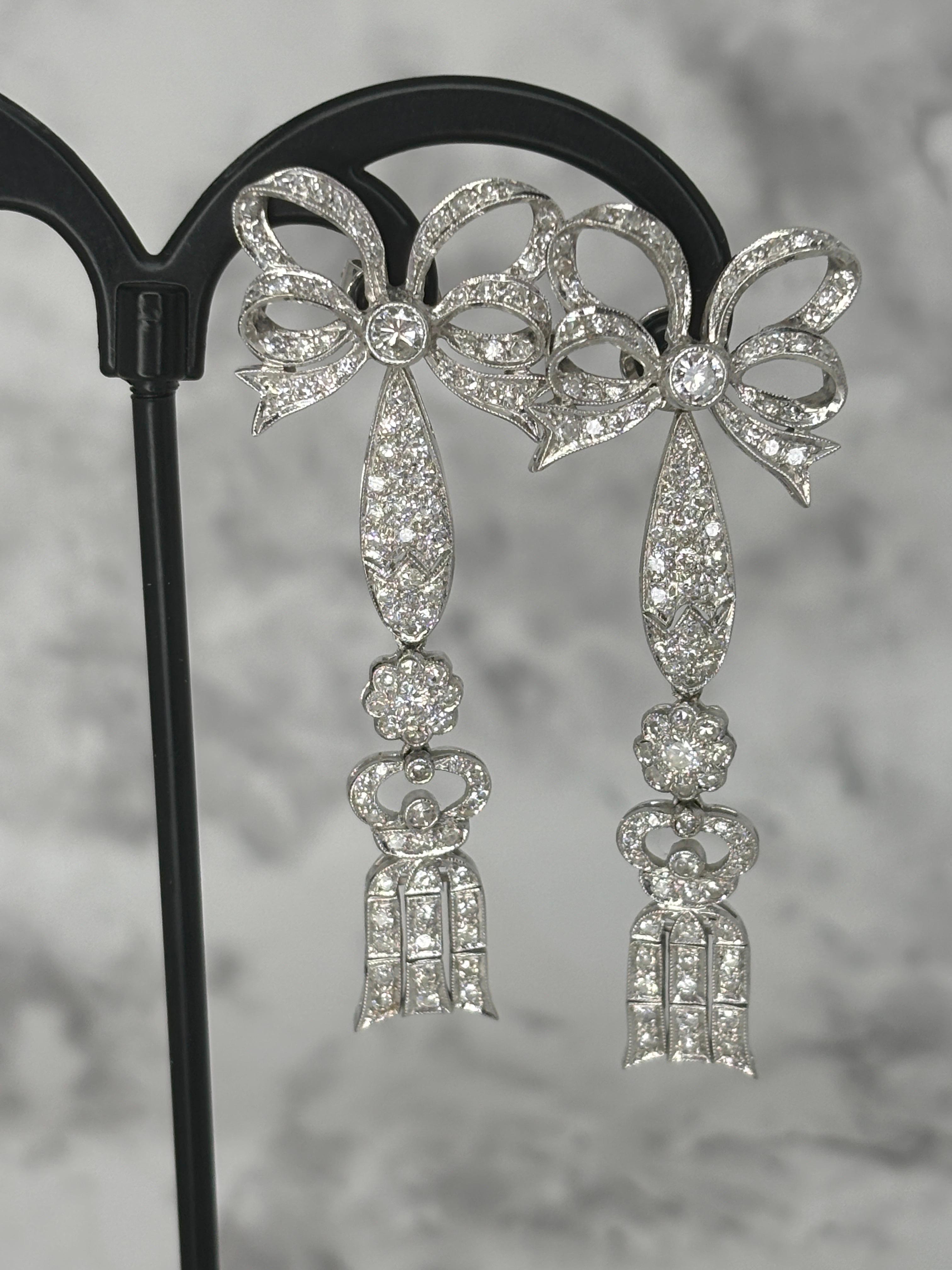 18k White Gold Diamond Edwardian Style Bow & Tassel Jacket, Enhancer Earrings  For Sale 3