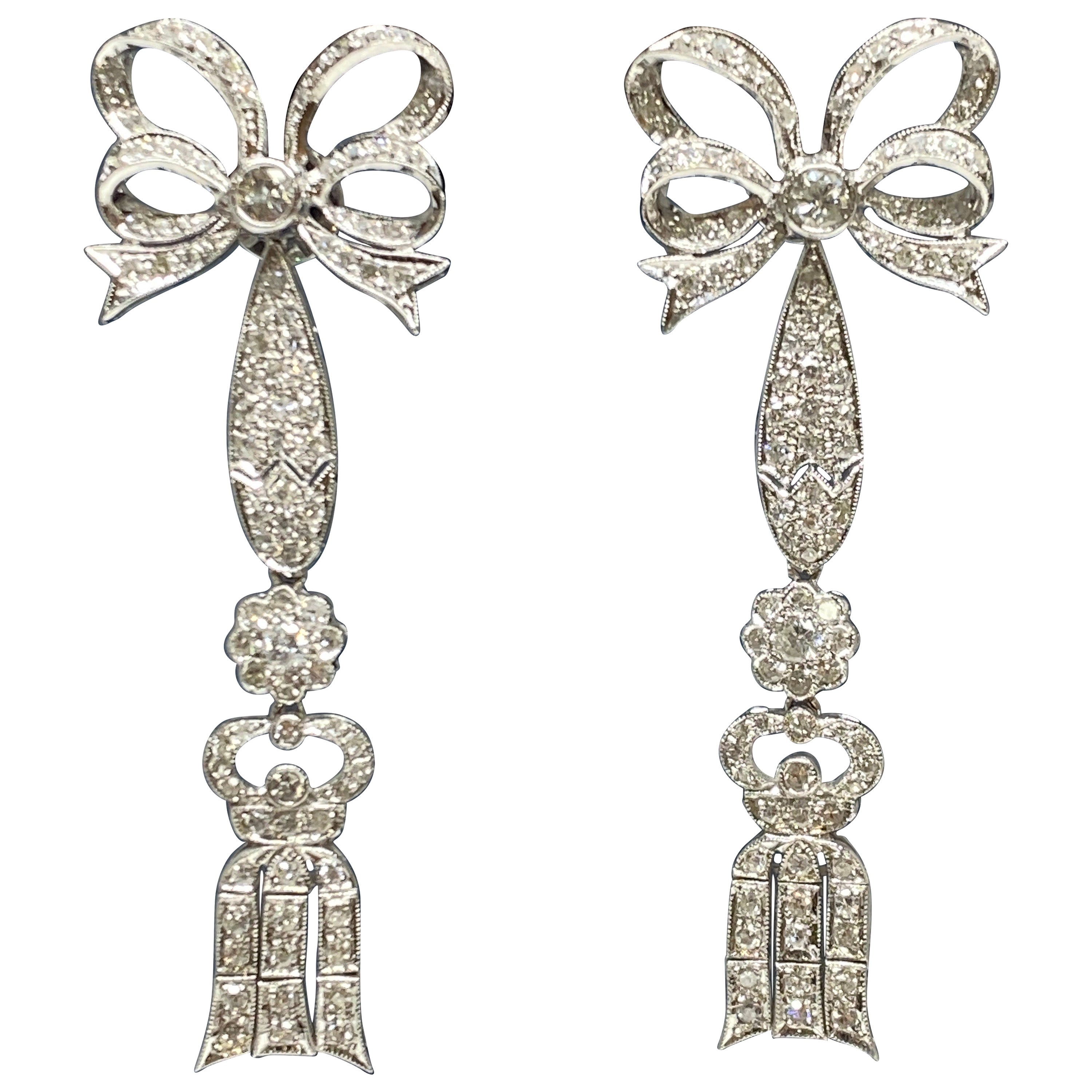 18k White Gold Diamond Edwardian Style Bow & Tassel Jacket, Enhancer Earrings For Sale