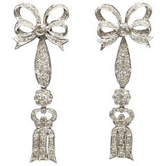 Vintage 18k White Gold Diamond Edwardian Style Bow & Tassel Jacket, Enhancer Earrings
