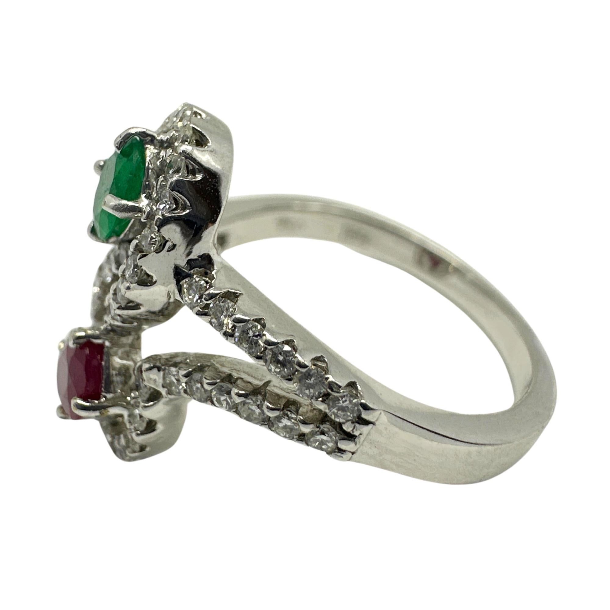 Modern 18K White Gold Diamond, Emerald and Ruby Ring For Sale
