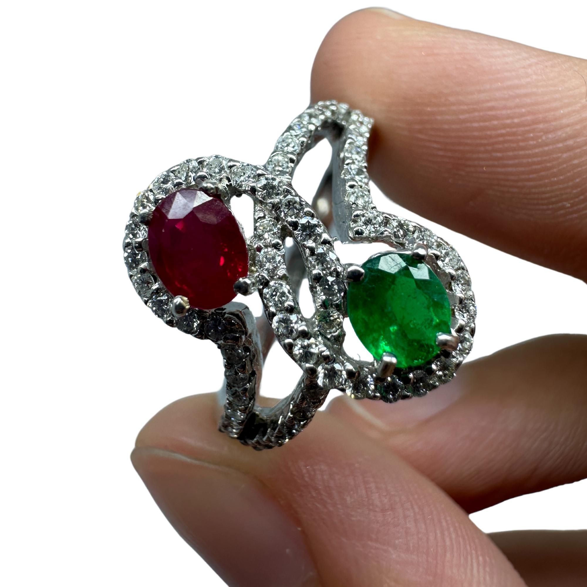 Women's 18K White Gold Diamond, Emerald and Ruby Ring For Sale