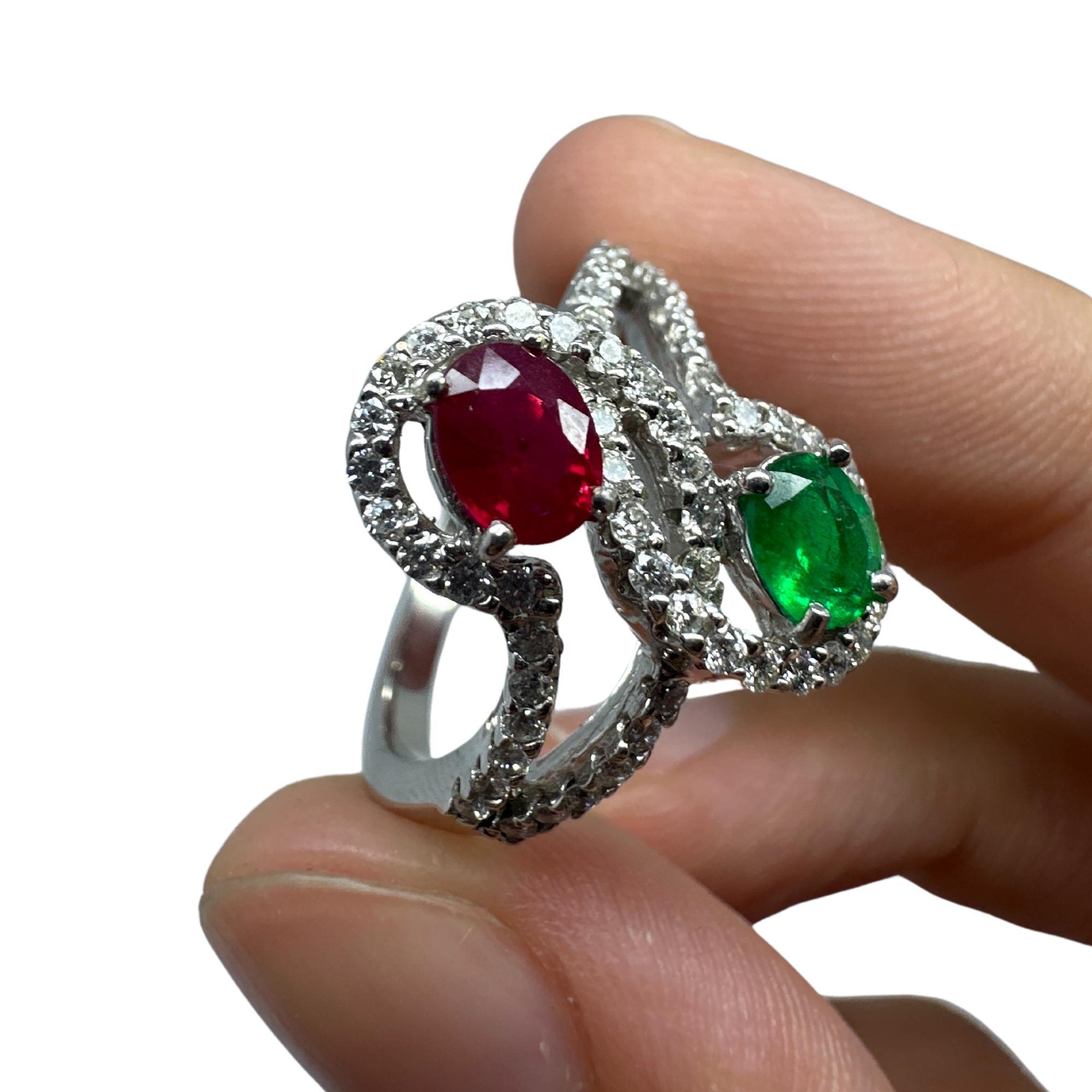 18K White Gold Diamond, Emerald and Ruby Ring For Sale 1