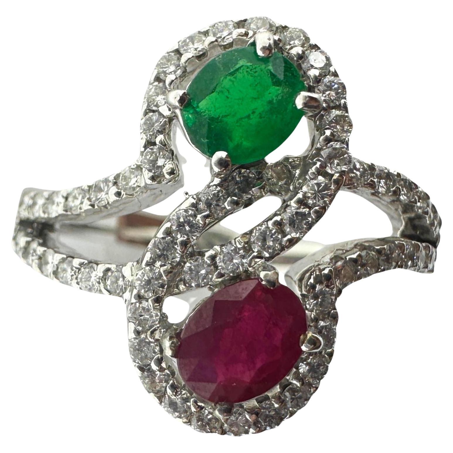 18K White Gold Diamond, Emerald and Ruby Ring For Sale