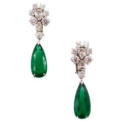 Retro 18K White Gold Diamond Emerald Pendant Earrings Dunaigre Certified