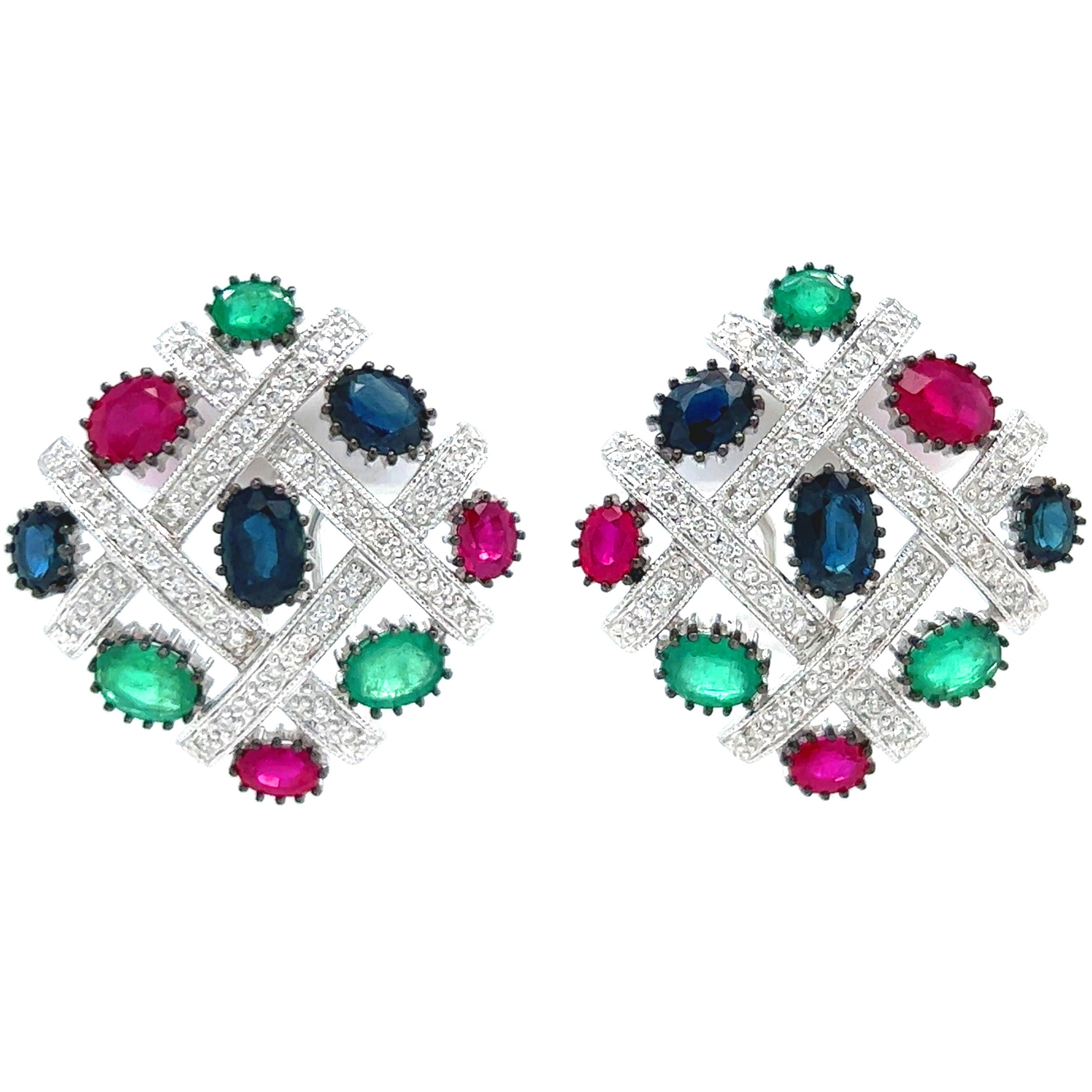 18K White Gold Diamond Emerald Ruby Sapphire Earrings

A gorgeous pair of earrings featuring colombian emeralds, rubys and blue sapphires.

Apprx. 1.50ct. each Colombian Emerald, Ruby, Sapphire.

0.60ct. diamonds total weight

Earrings measure 1.05