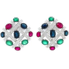 18K White Gold Diamond Emerald Ruby Sapphire Earrings