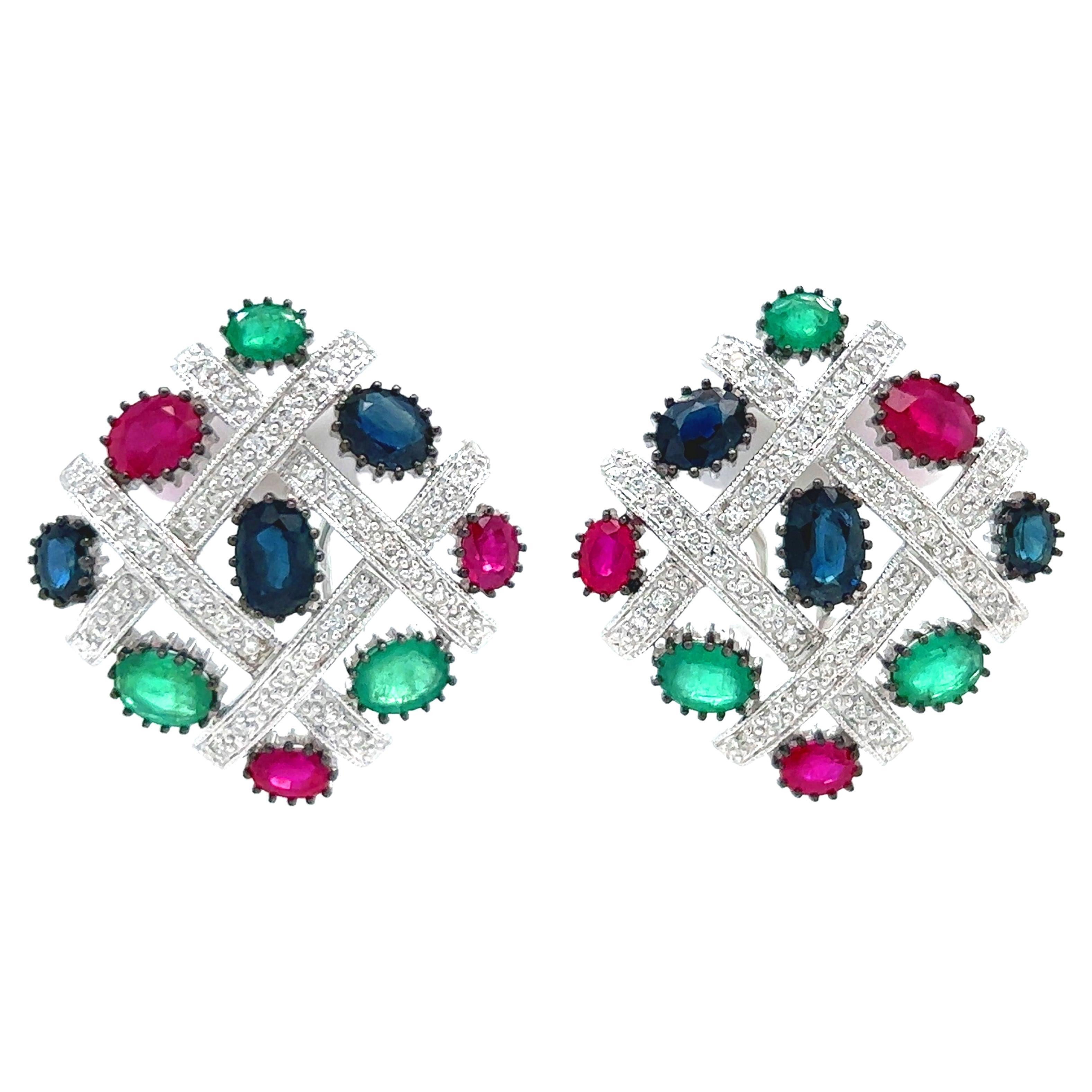 18K White Gold Diamond Emerald Ruby Sapphire Earrings
