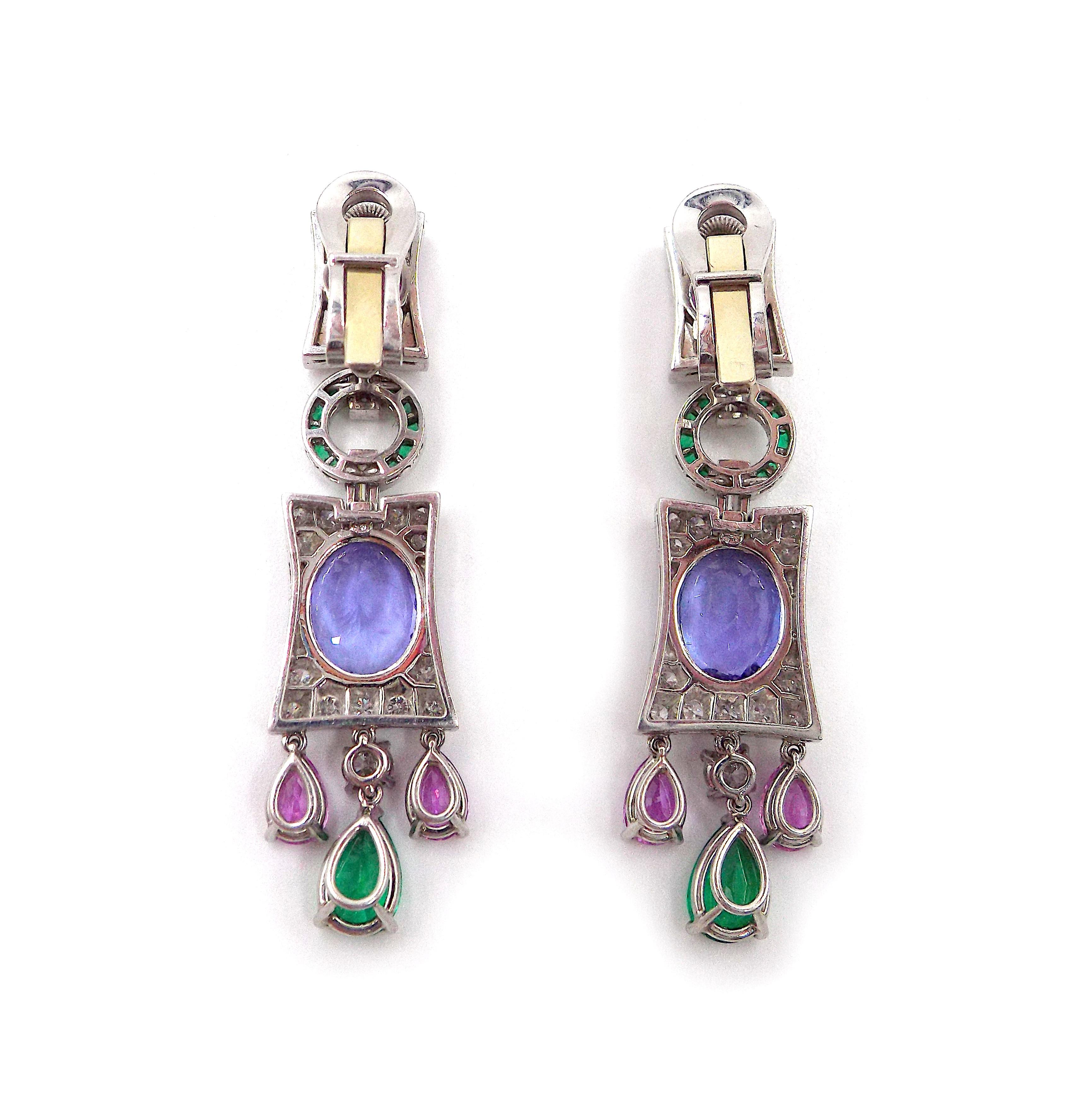 18K White Gold Diamond Emerald Tanzanite Pink Sapphire GIA Earrings Earclips In Good Condition For Sale In New York, NY