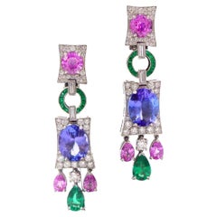 Boucles d'oreilles en or blanc 18 carats avec diamants, émeraudes, tanzanites et saphirs roses certifiés GIA