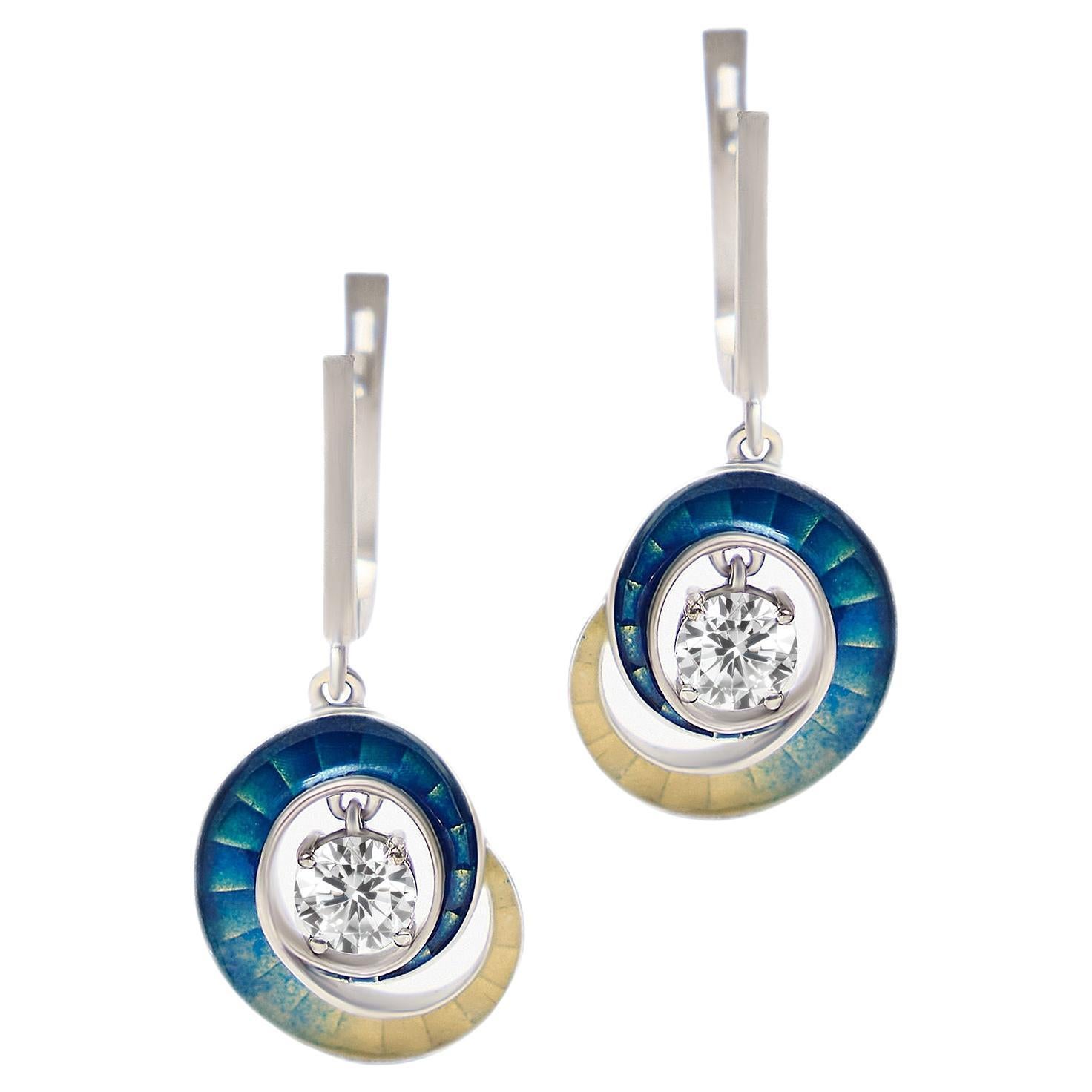 Boucles d'oreilles pendantes en or blanc 18K avec diamant et émail / 1 carat certifié GIA en vente