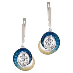 18K White Gold Diamond Enamel Drop Earrings / 1 Carat GIA Certified