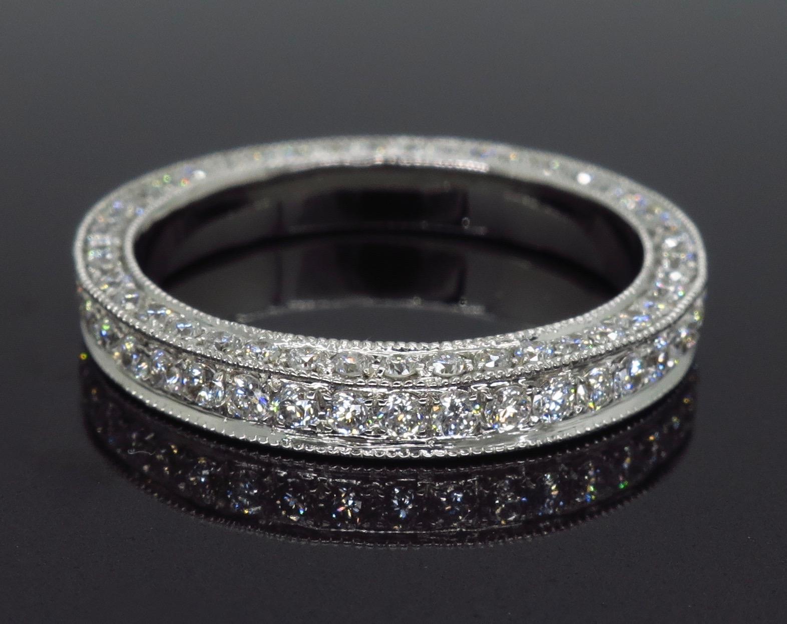 Round Cut 18 Karat White Gold Diamond Eternity Band with Mil-Grain Detail