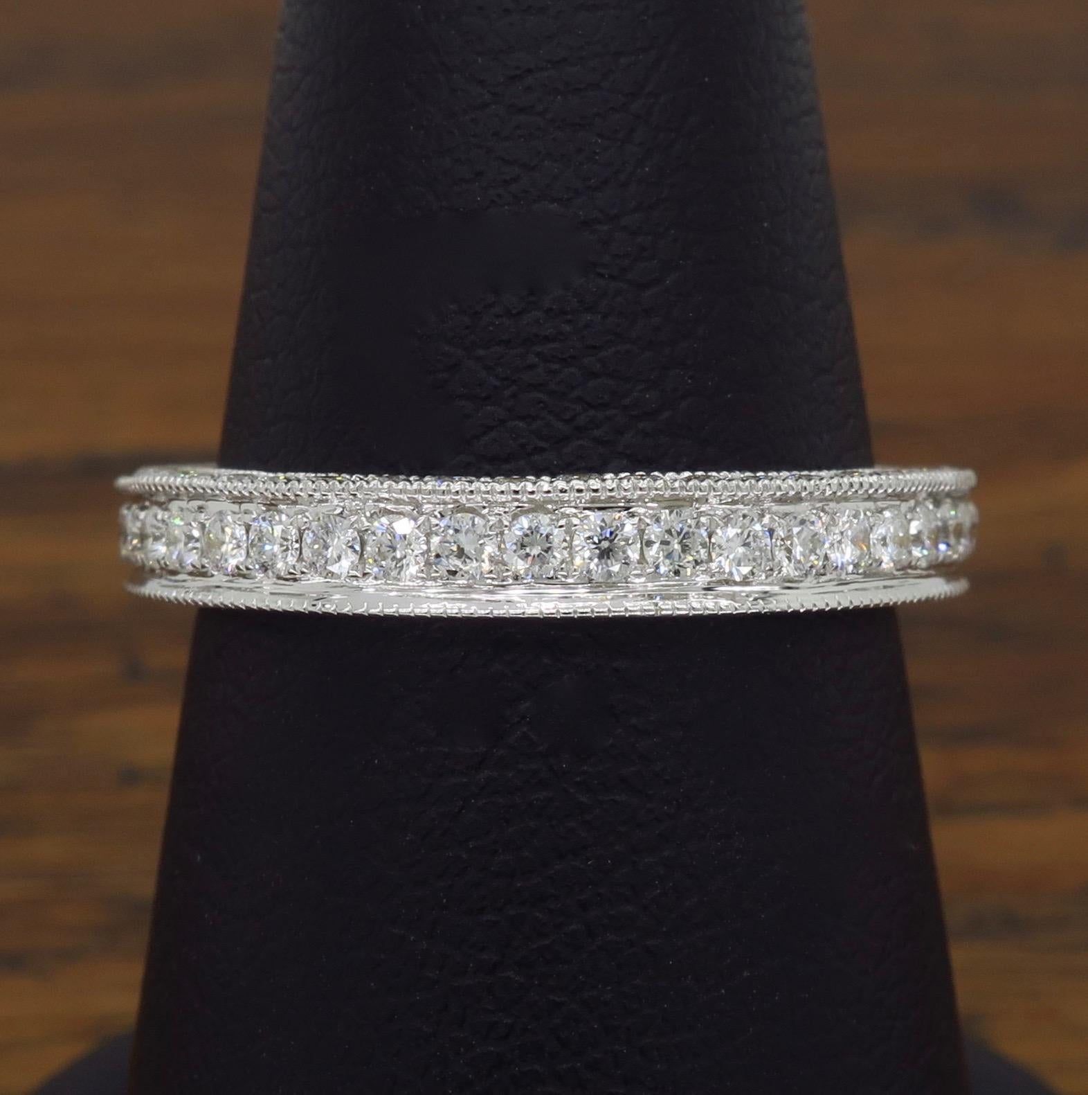 18 Karat White Gold Diamond Eternity Band with Mil-Grain Detail In New Condition In Webster, NY