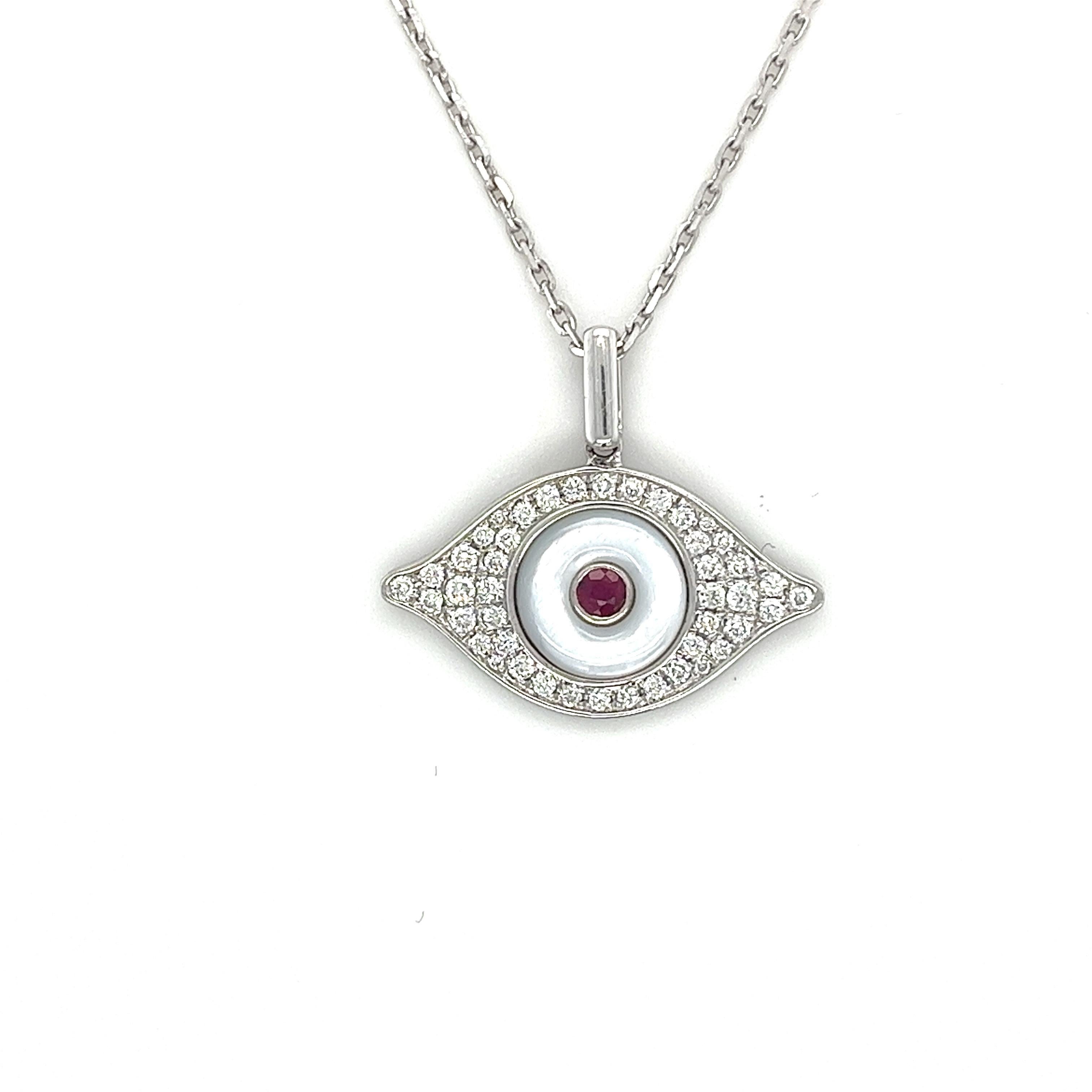 18K White Gold Diamond Evil Eye Pendant Necklace

44 Diamonds 0.37 CT
1 Ruby 0.12 CT
1 White Pearl 0.78 CT
18 K White Gold 5.39 CT

This 18K White Gold necklace is strung with an Evil Eye motif - a spiritual symbol thought to ward off negative