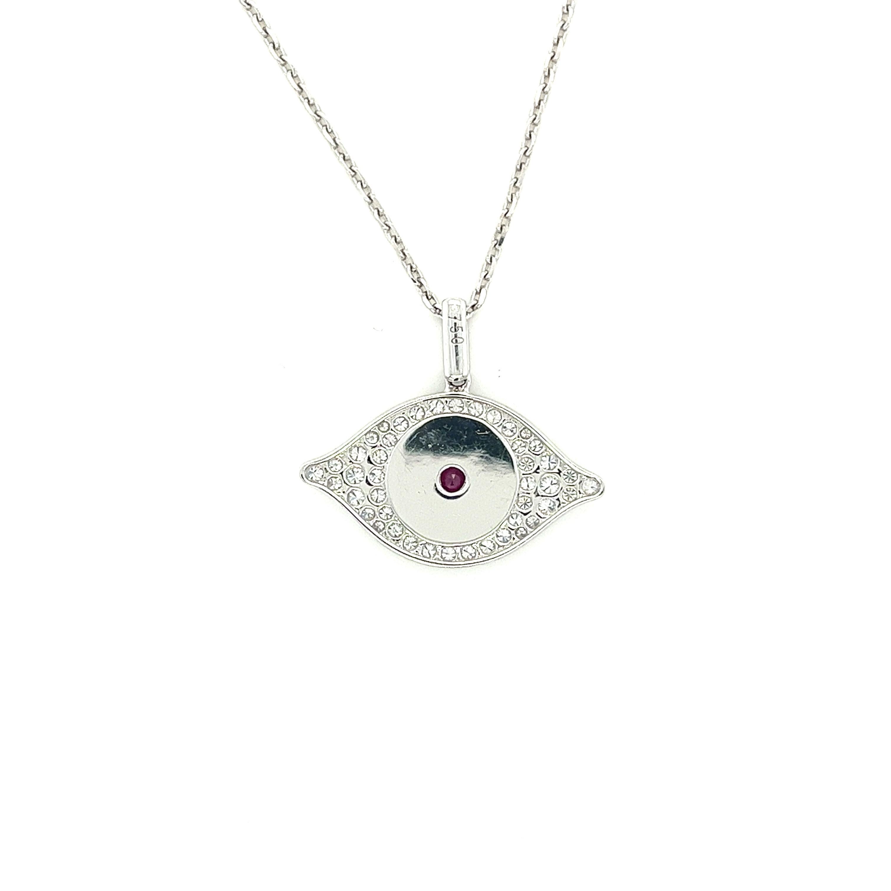 Round Cut 18k White Gold Diamond Evil Eye Pendant Necklace For Sale