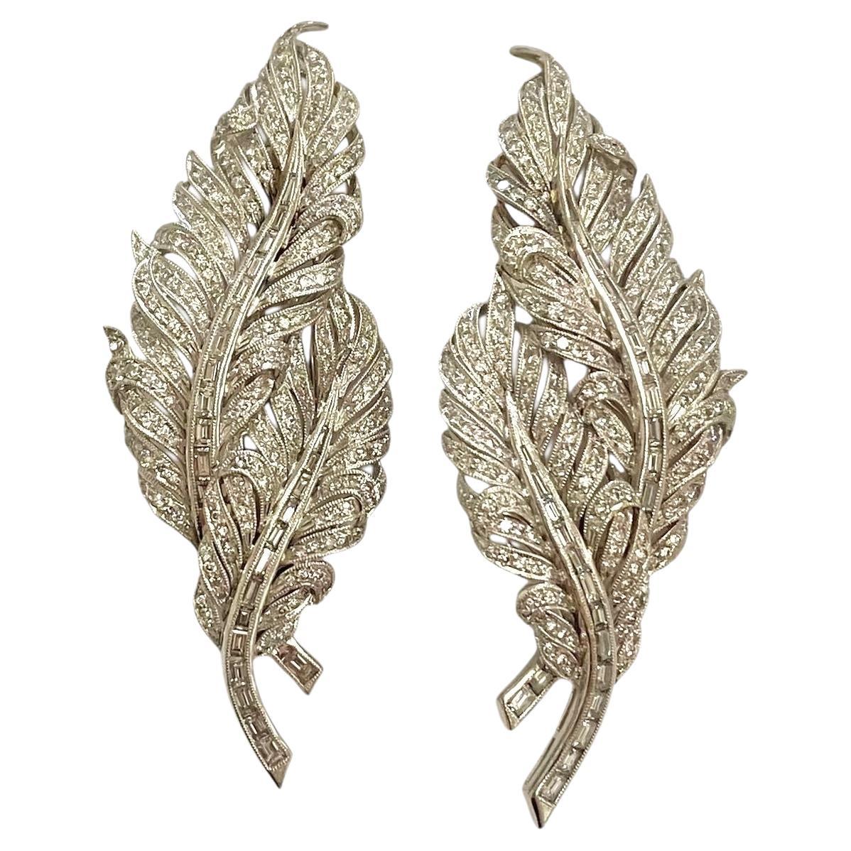 18K White Gold Diamond Feather Brooches