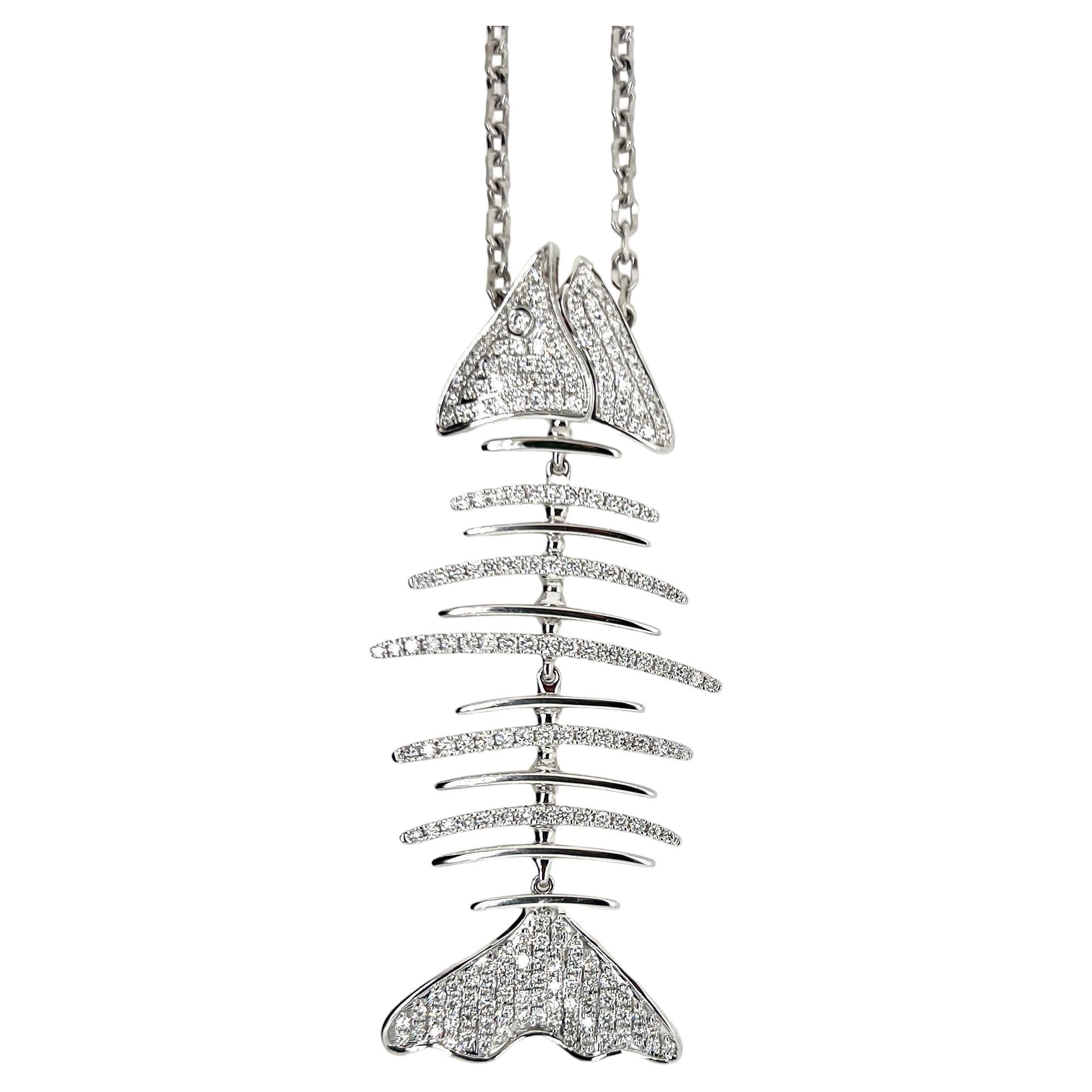 Pendentif en arête de poisson en or blanc 18k avec diamants