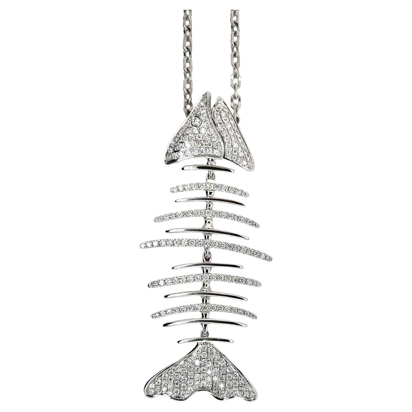 Diamond Fish Chain 18k White Gold Diamond Fish Bone Pendant For Sale at 1stDibs
