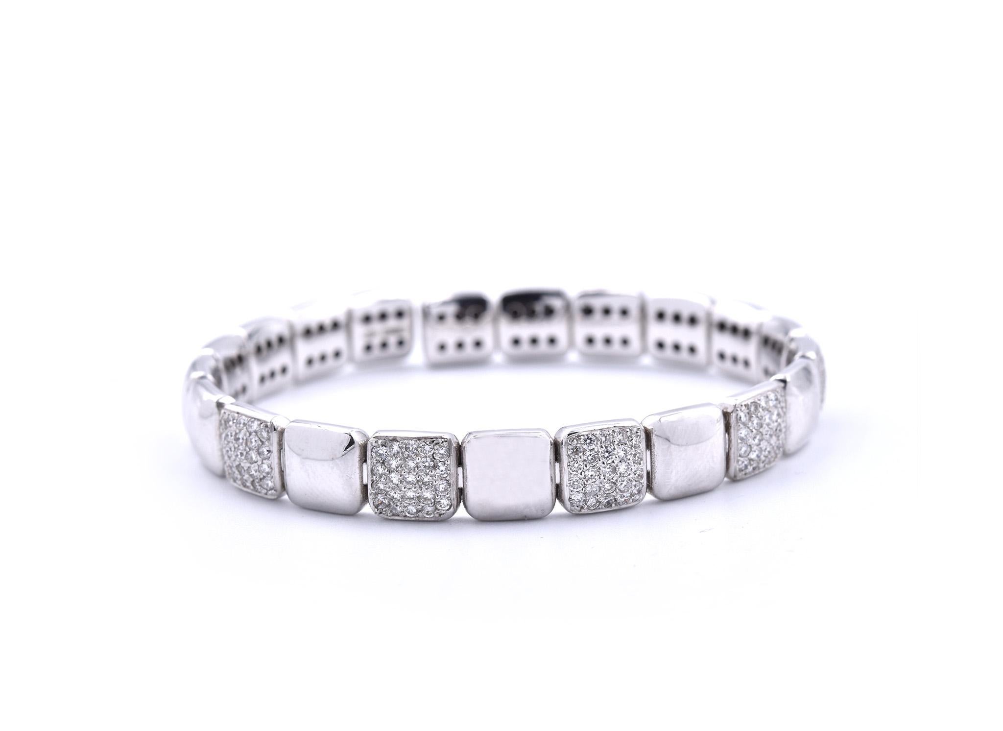 Designer: Watchlink
Material: 18k white gold
Diamonds: round brilliant cuts = 1.25cttw
Dimensions: bracelet will fit up to a 6.5-inch wrist
Weight: 20.48 grams
