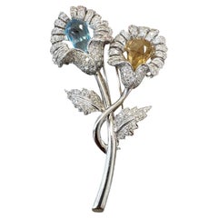 18K White Gold Diamond Flower Brooch with Briolette Aquamarine & Citrine
