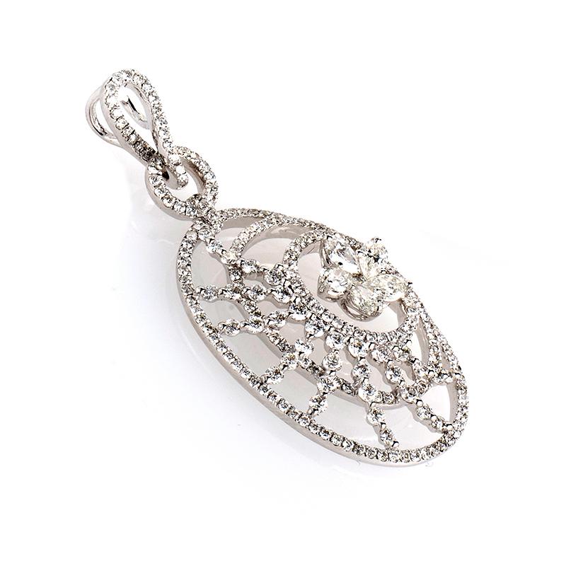 This pendant is glamorous and stunning. It is made of 18K white gold and features amazing designs within the pendant including a flower.

