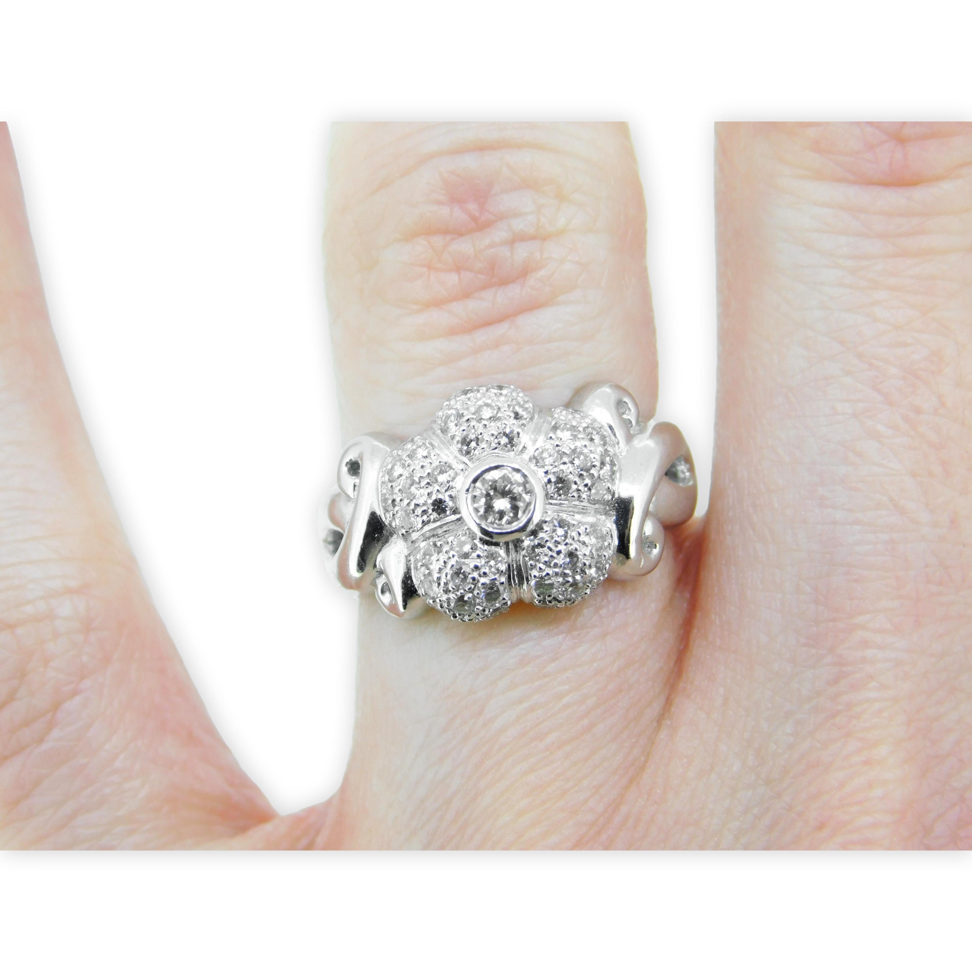 18K White Gold Diamond Flower Ring .75ct For Sale 1