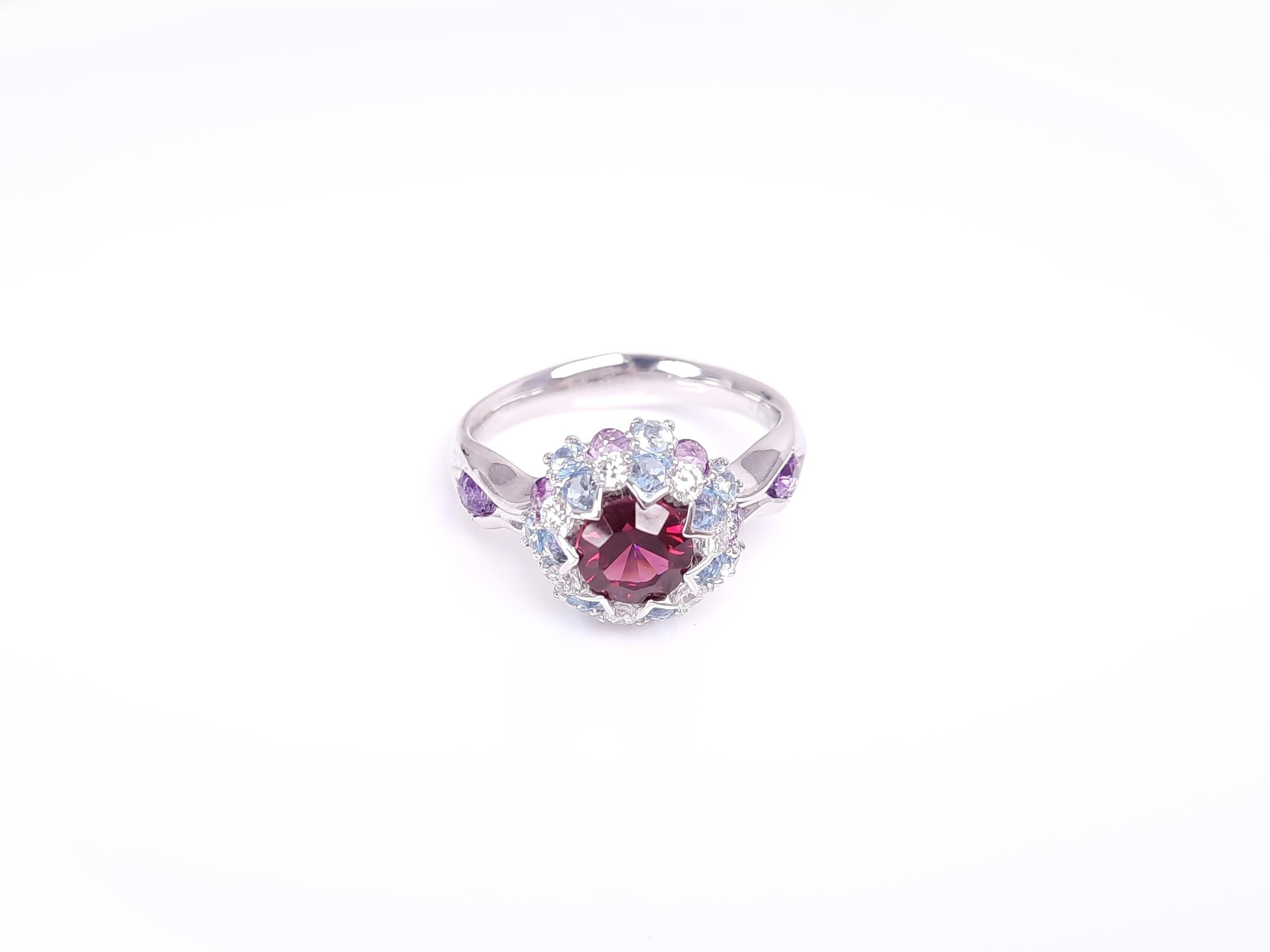The combination of energetic bright Rhodolite garnet, sky like topaz, mysterious amethyst, and dazzling diamonds are used in the MOISEIKIN's Aurora collection, elaborating with a creative approach of an upside-down setting. Strictly selected precise