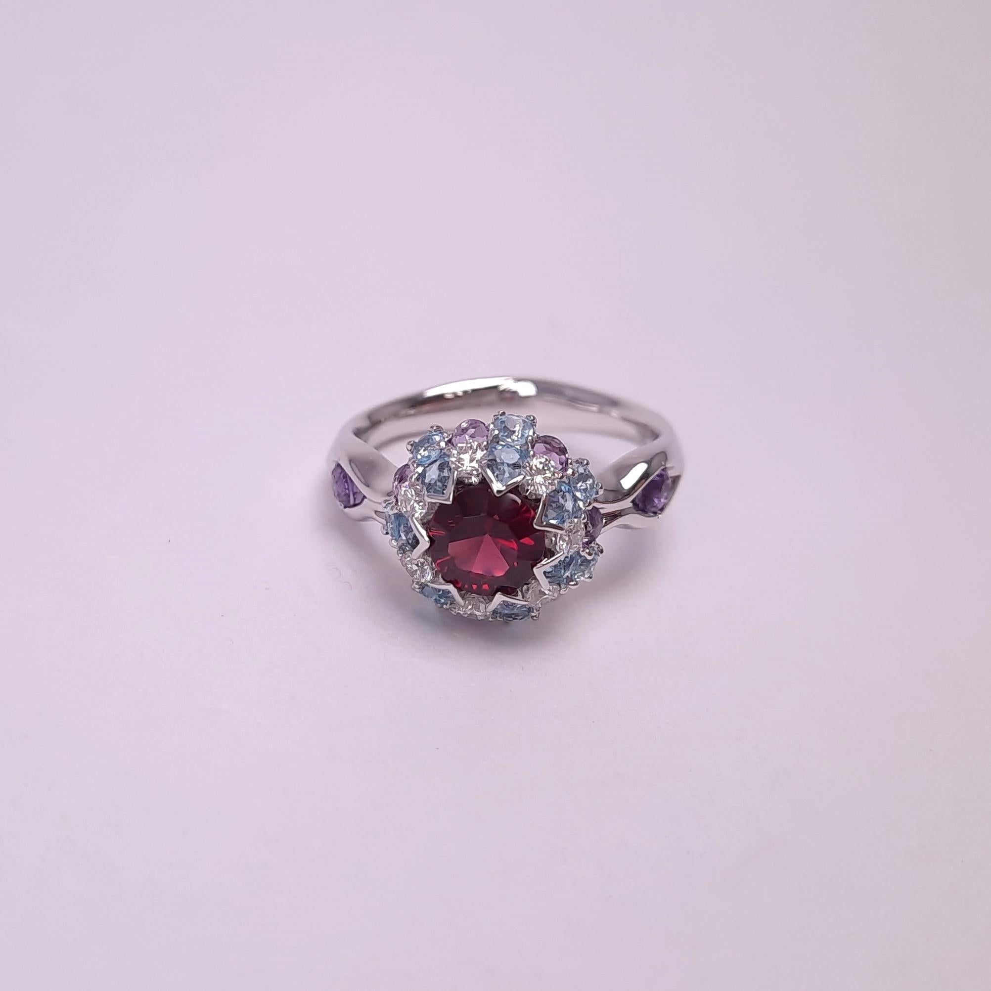 Contemporary 18K White Gold Diamond Garnet Ring in Aurora Style Stone Setting