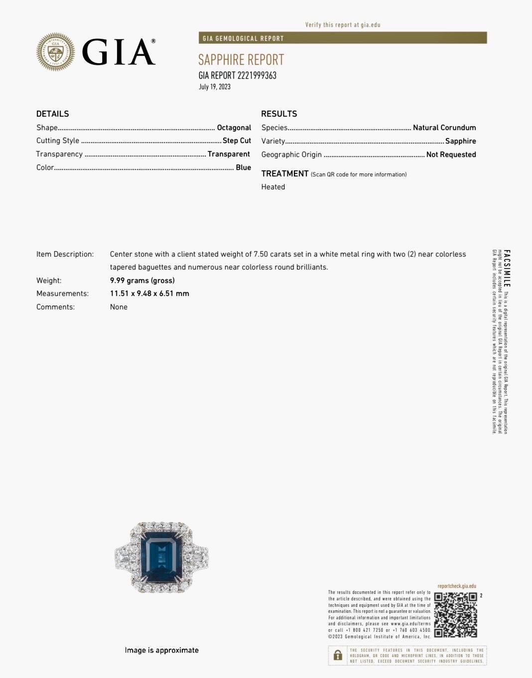 18K White Gold Diamond GIA Certified 7.50 Carat Blue Sapphire Engagement Ring 5