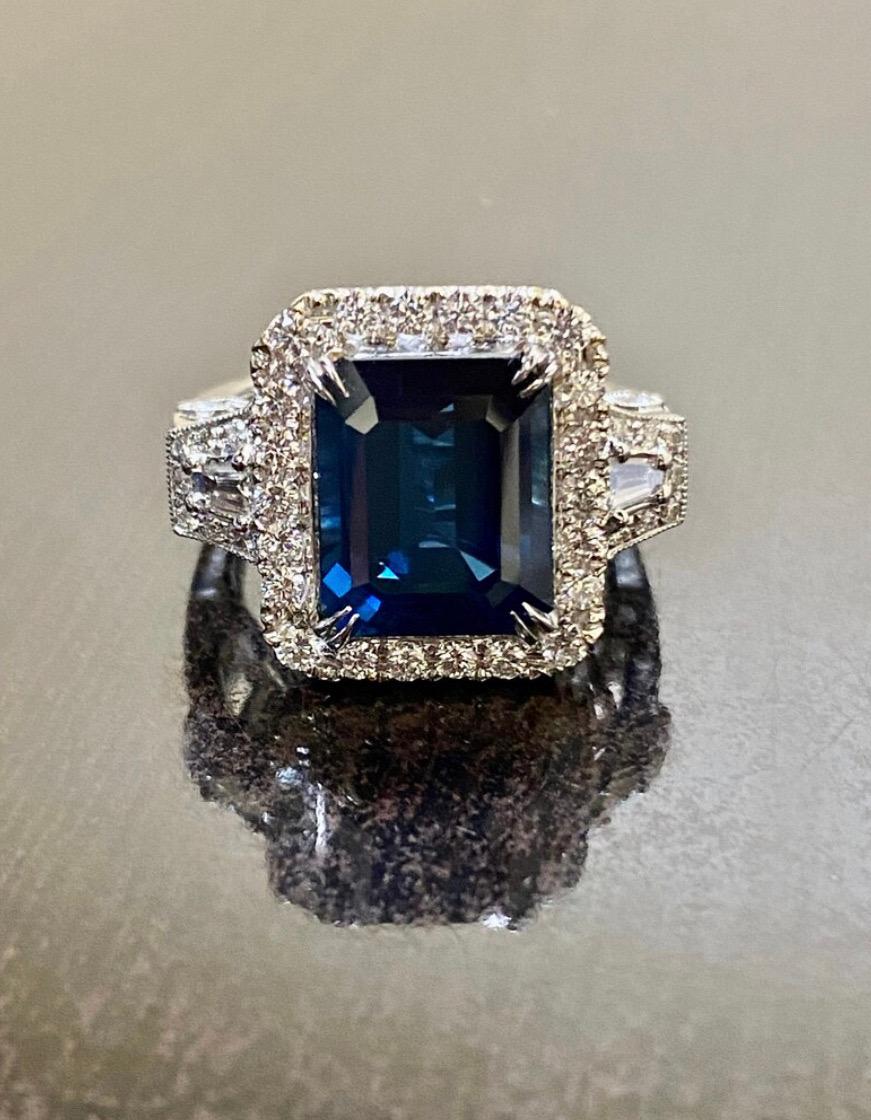 Art Deco 18K White Gold Diamond GIA Certified 7.50 Carat Blue Sapphire Engagement Ring