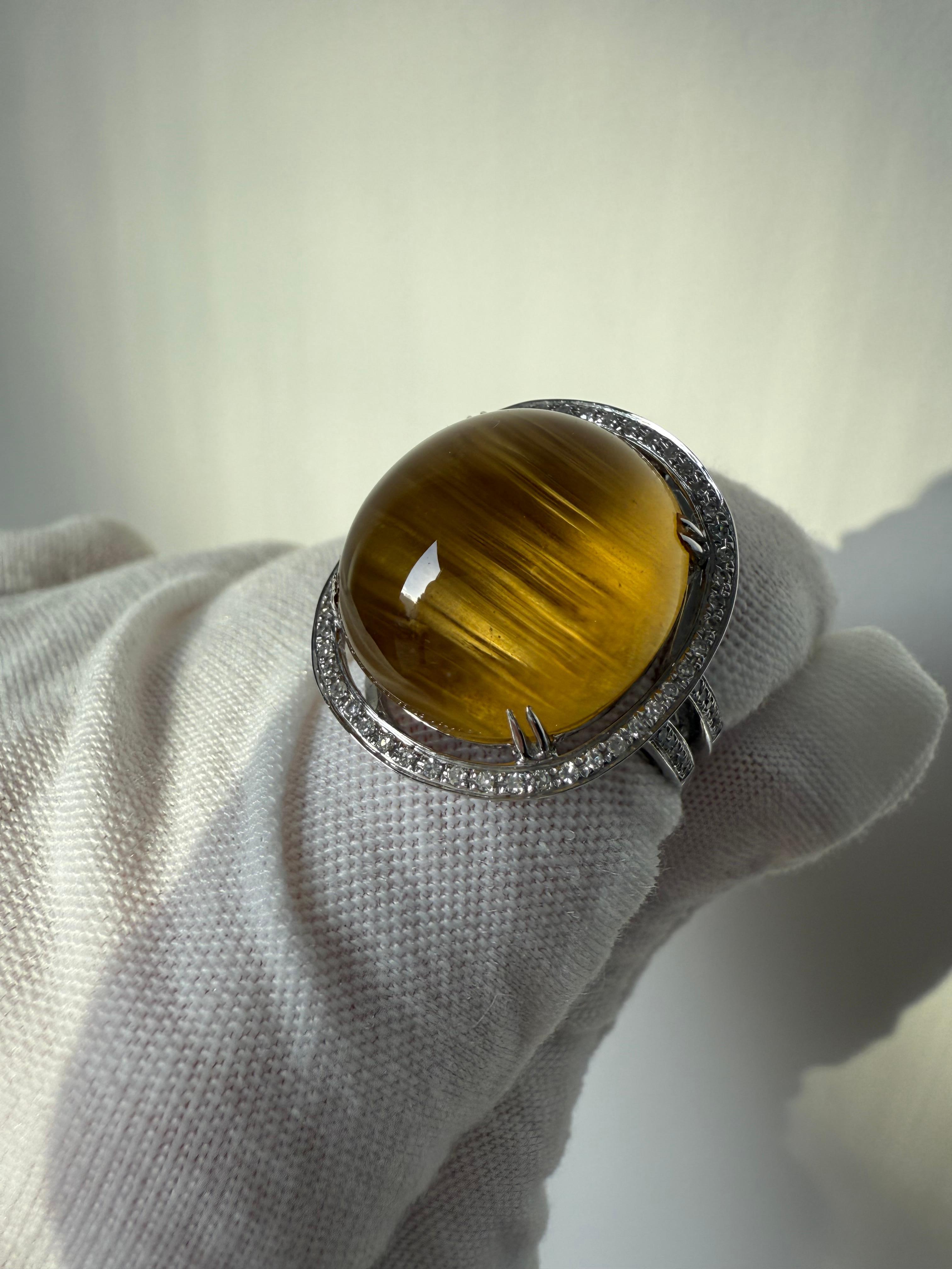 Cabochon 18K White Gold Diamond Halo and Cat's Eye Chrysoberyl Ring For Sale