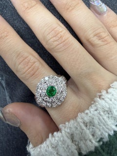 18K White Gold Diamond Halo Ring with 0.42ct Emerald Center, Size 8