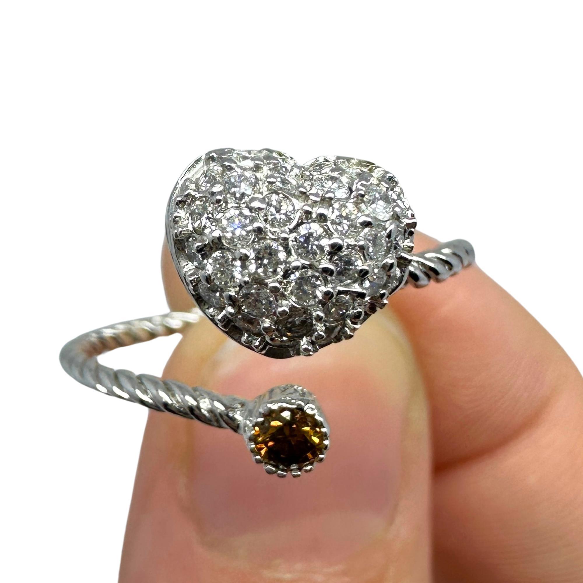 Round Cut 18K White Gold Diamond Heart Bypass Ring For Sale