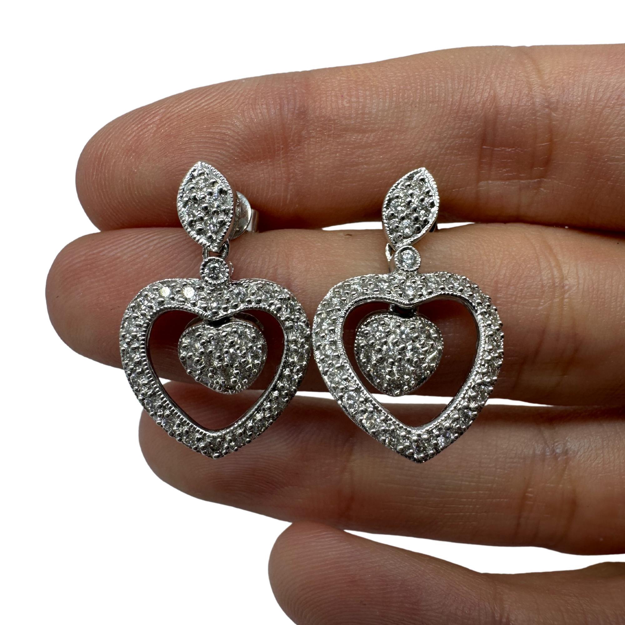 Round Cut 18k White Gold Diamond Heart Drop Earrings For Sale