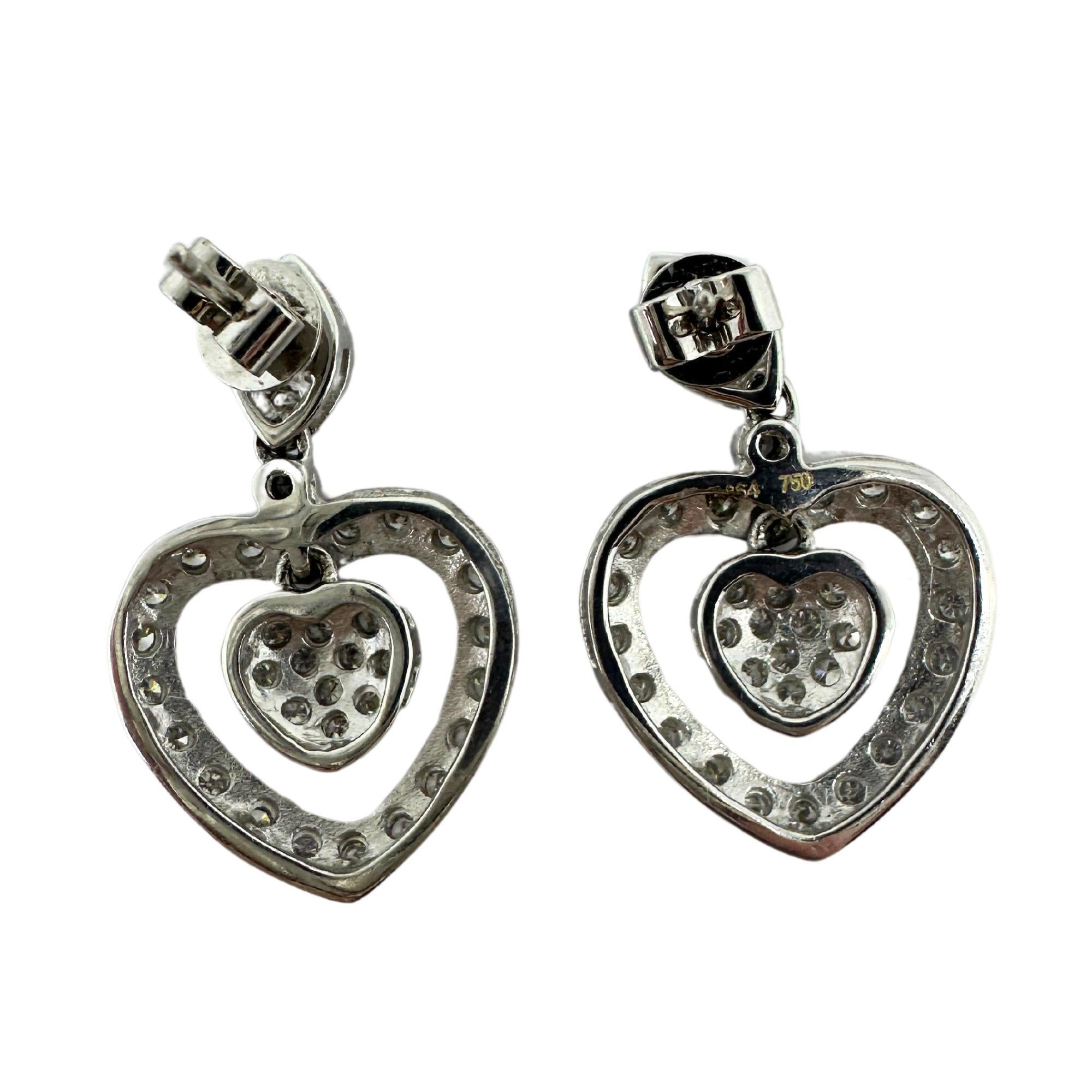 18k White Gold Diamond Heart Drop Earrings In Good Condition For Sale In New York, NY