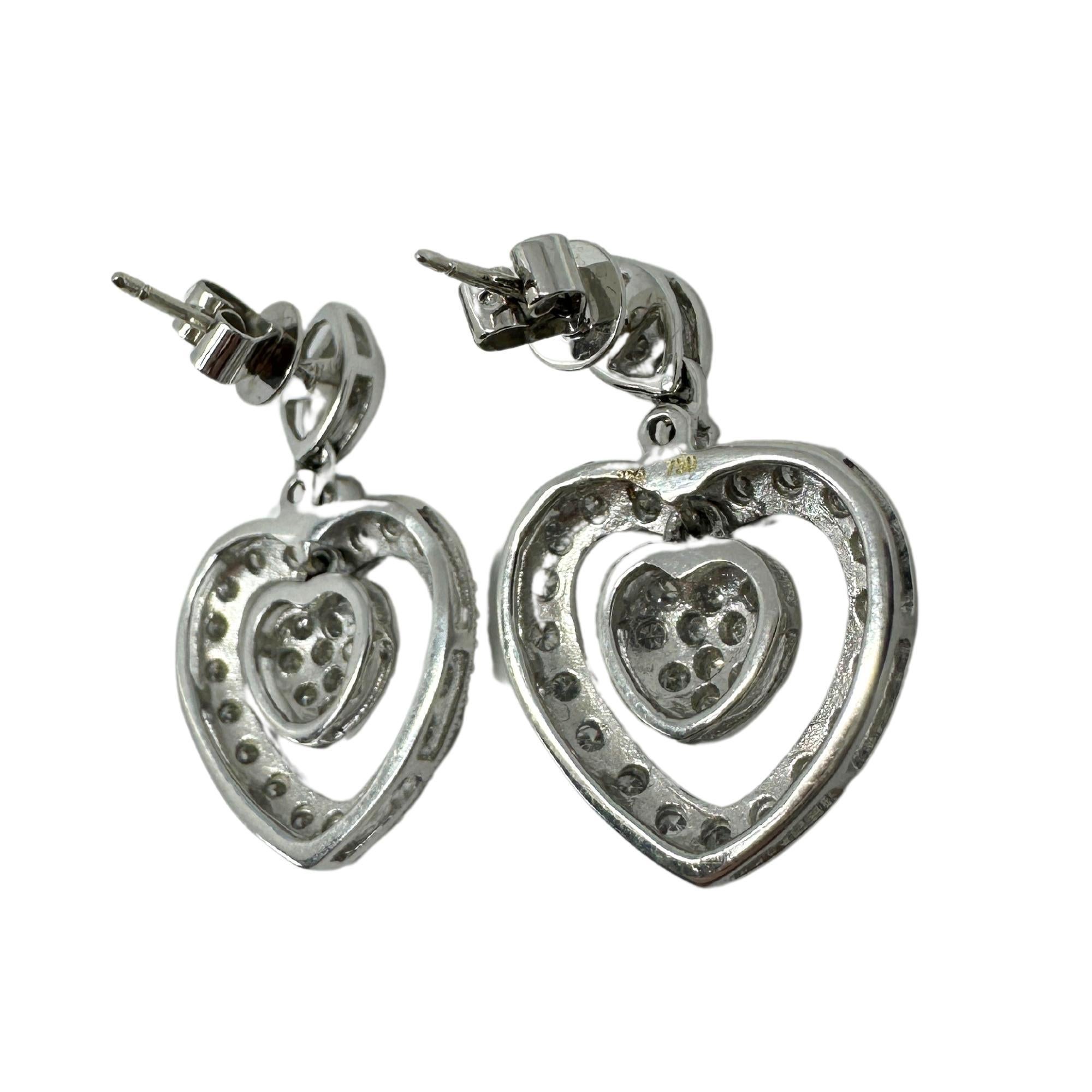 Women's 18k White Gold Diamond Heart Drop Earrings For Sale