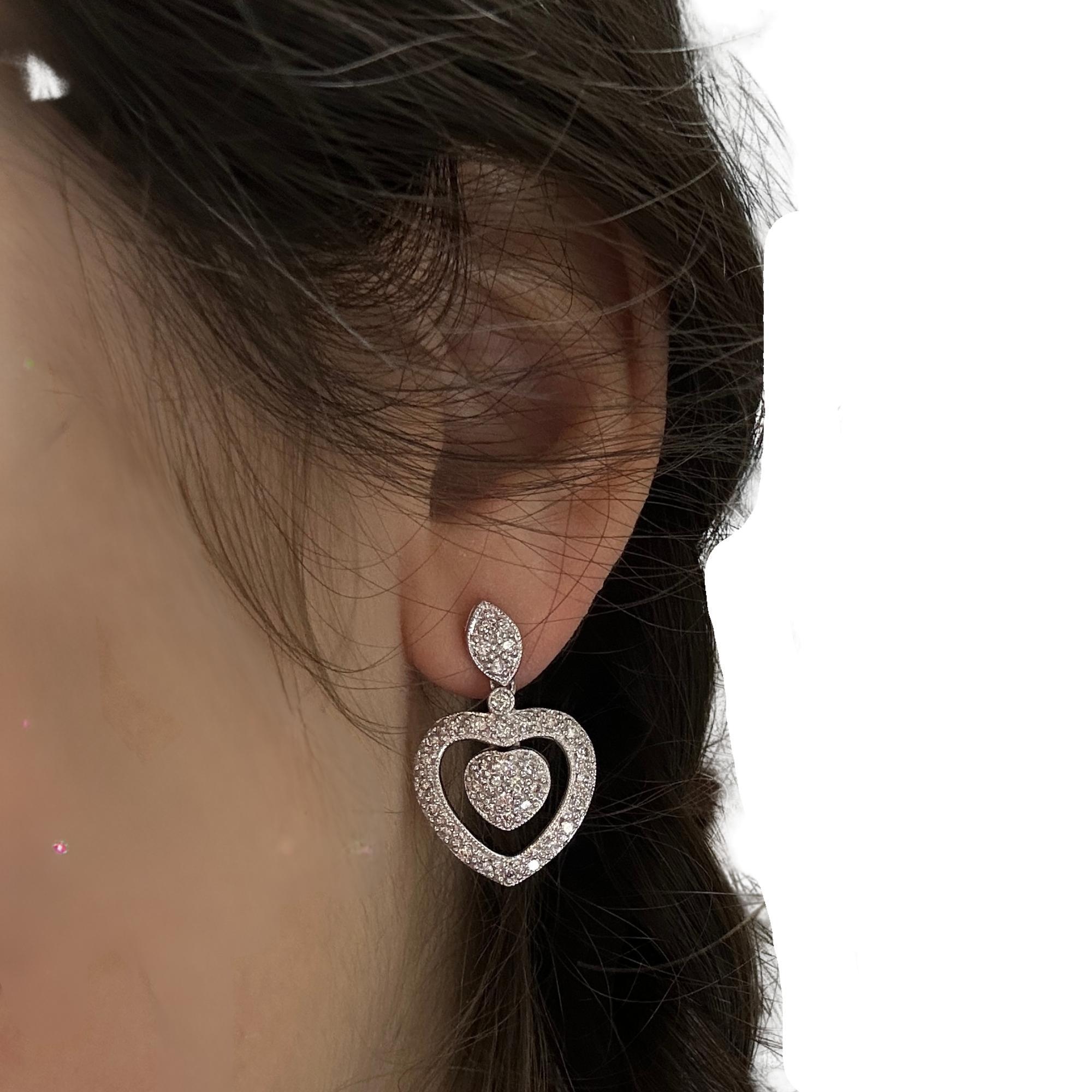 18k White Gold Diamond Heart Drop Earrings For Sale 1