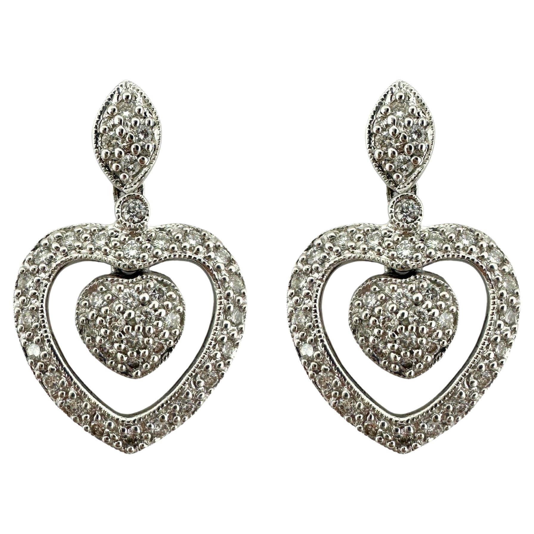 18k White Gold Diamond Heart Drop Earrings For Sale