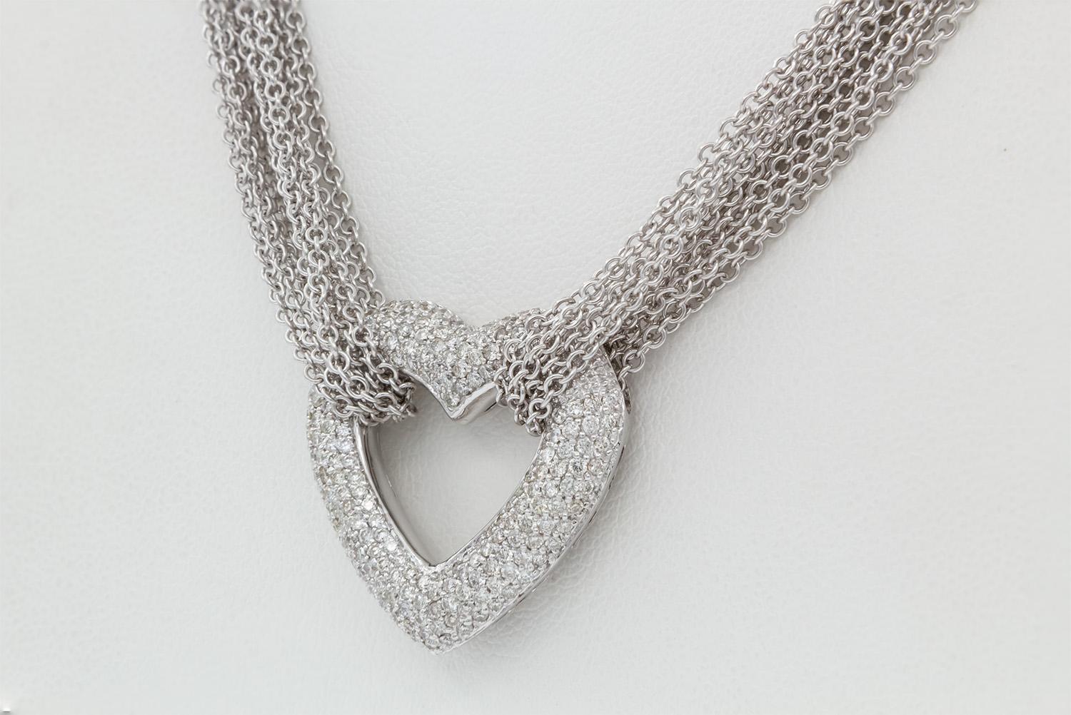 Contemporary 18k White Gold & Diamond Heart Pendant Multi Strand Necklace