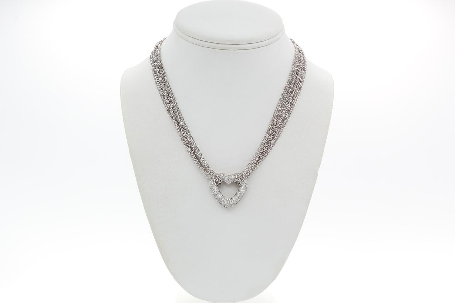 Round Cut 18k White Gold & Diamond Heart Pendant Multi Strand Necklace