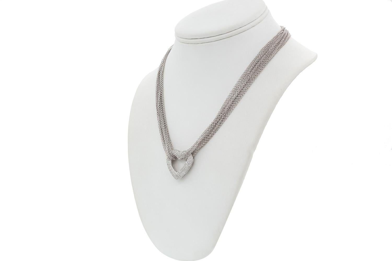18k White Gold & Diamond Heart Pendant Multi Strand Necklace In Good Condition In Tustin, CA