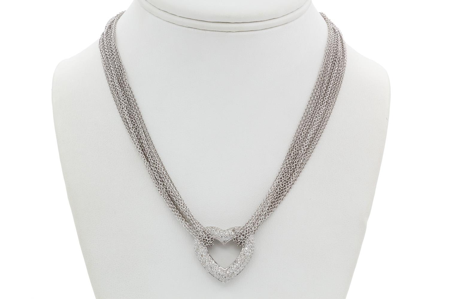 Women's 18k White Gold & Diamond Heart Pendant Multi Strand Necklace