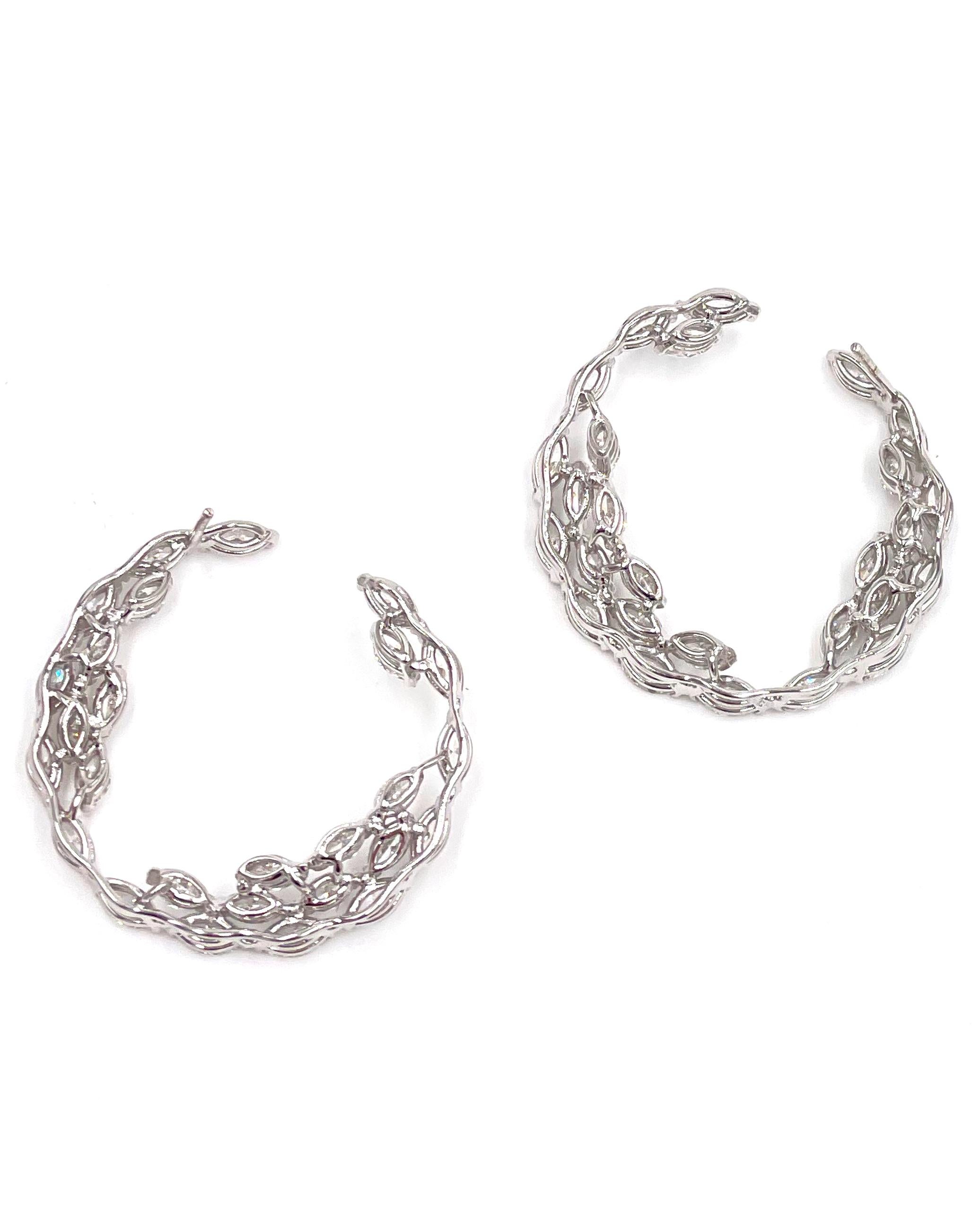 Contemporary 18K White Gold Diamond Hoop Earrings, 7.68 Carats