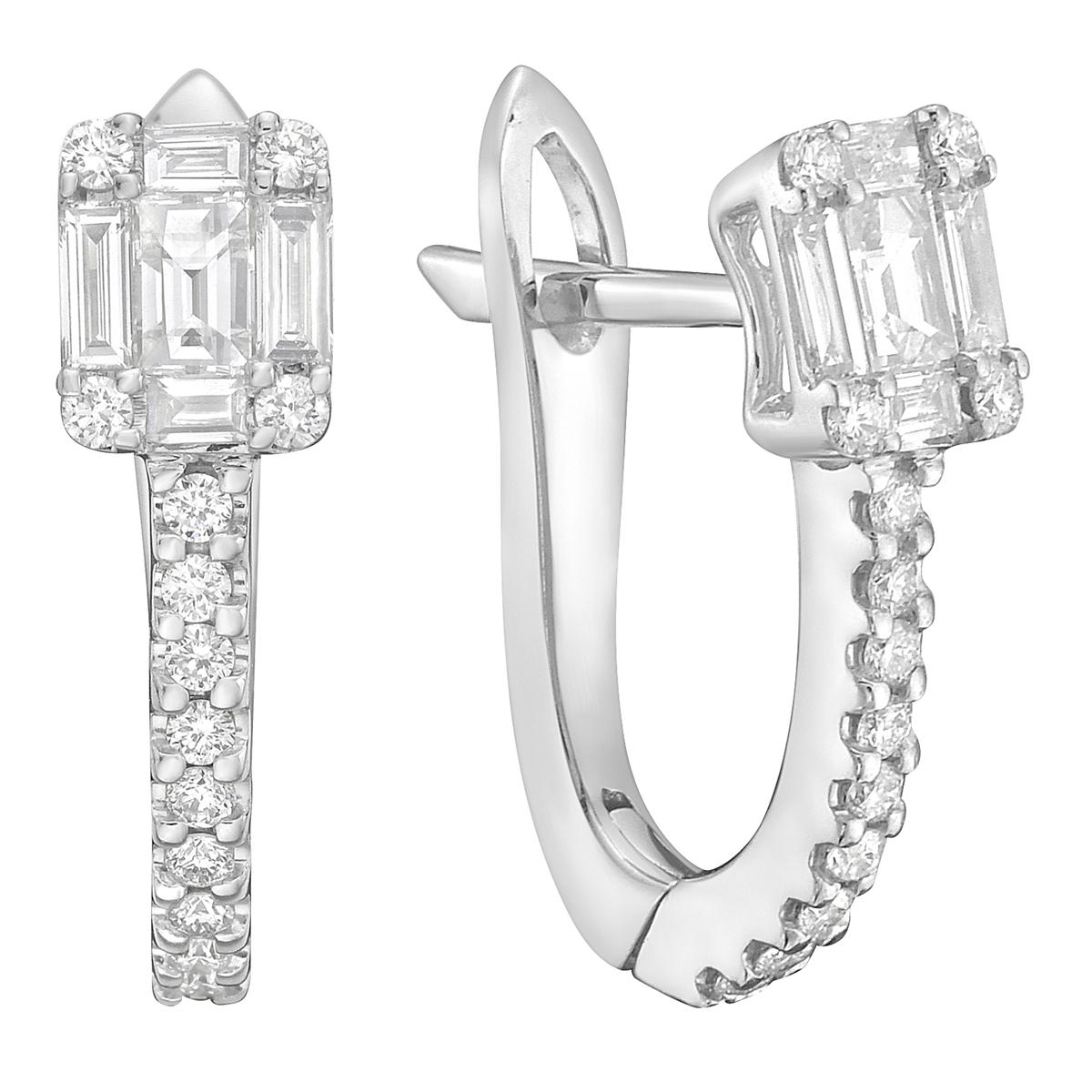 These 18K White Gold Diamond Hoop Earrings are a perfect blend of elegance and shine. Made from 18K white gold, they are lightweight at 2.43 grams, making them comfortable to wear all day. The earrings feature 26 round diamonds totaling 0.17 carats