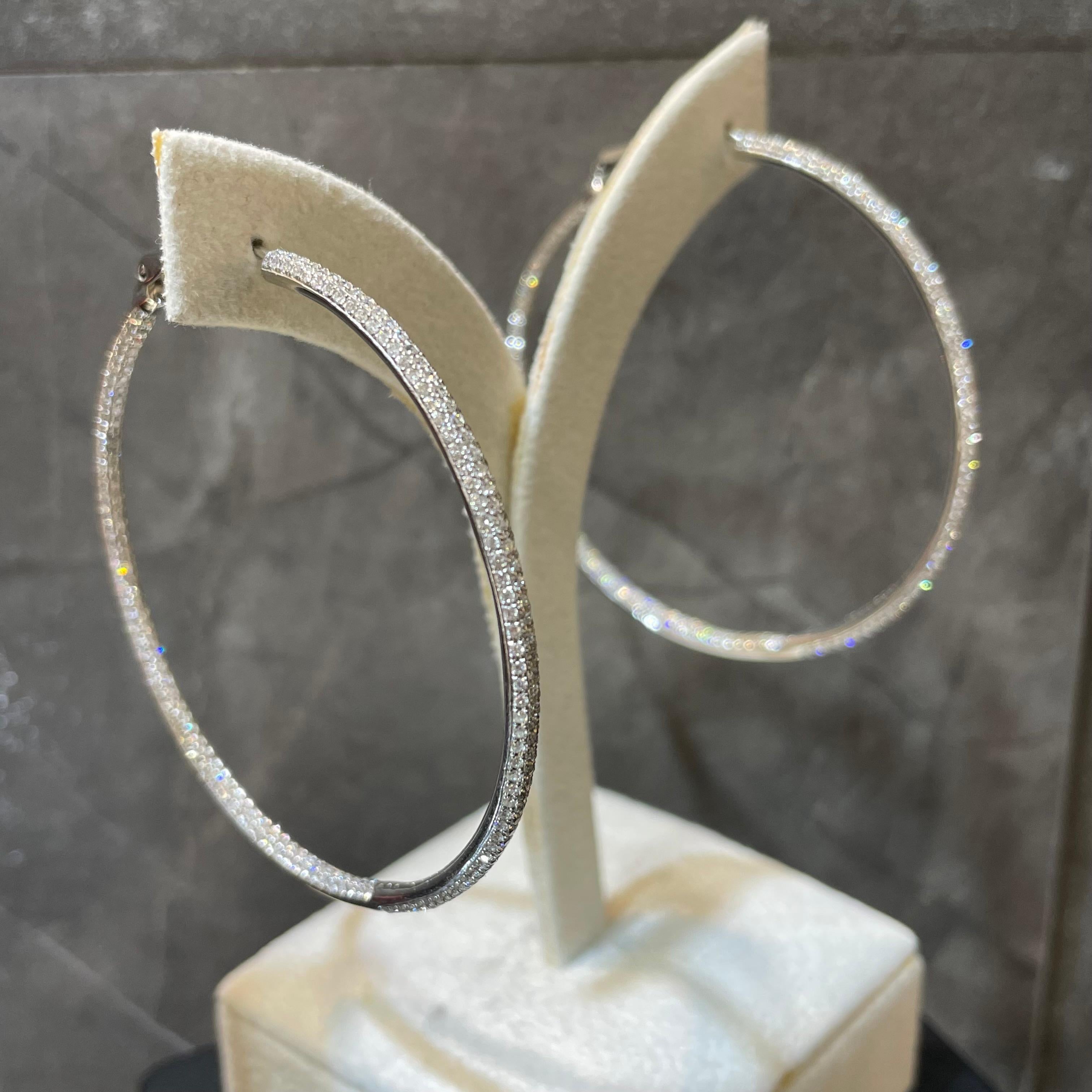 Modern 18K White Gold Diamond Hoop Earrings For Sale