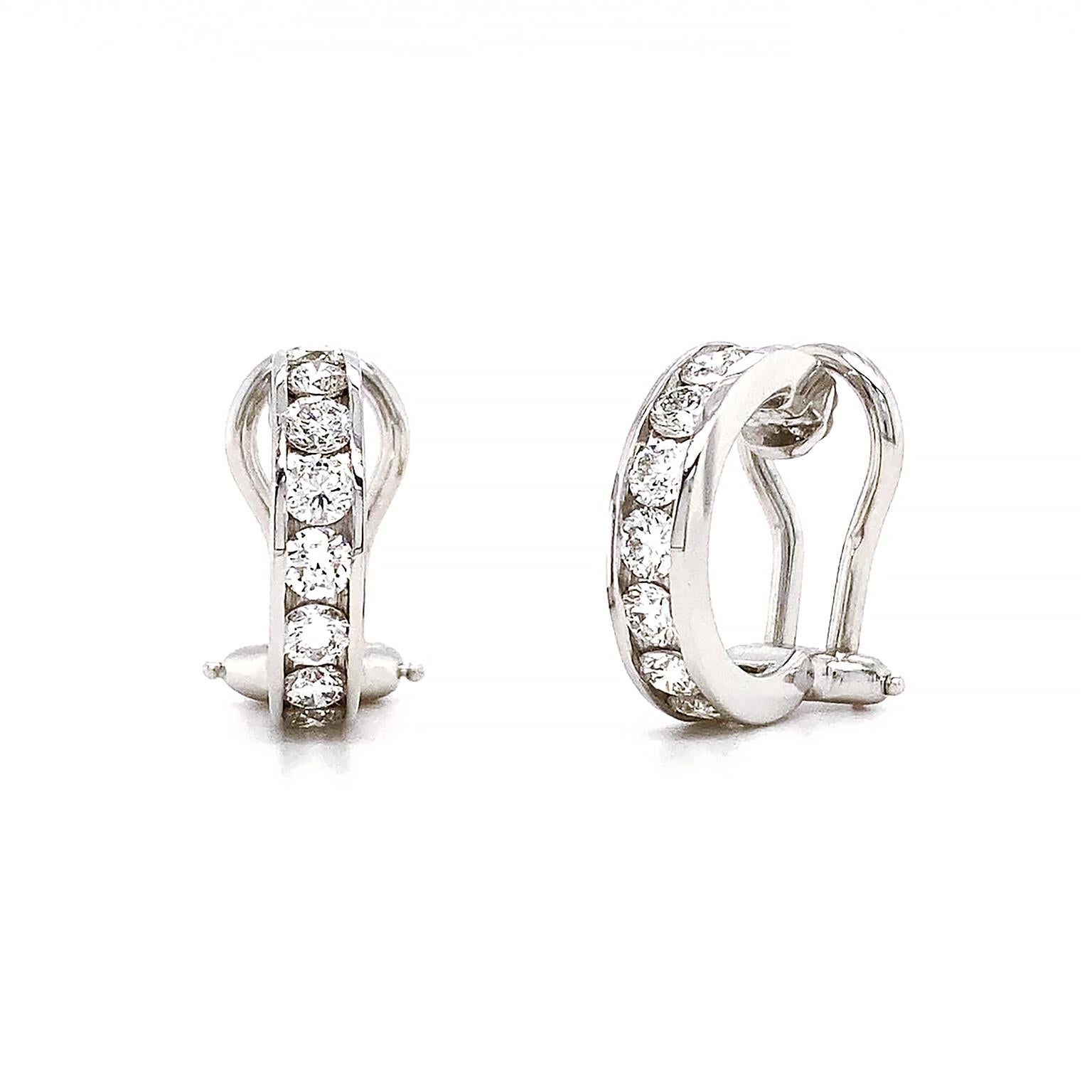 Women's or Men's 18K White Gold Diamond Hoop Earrings For Sale