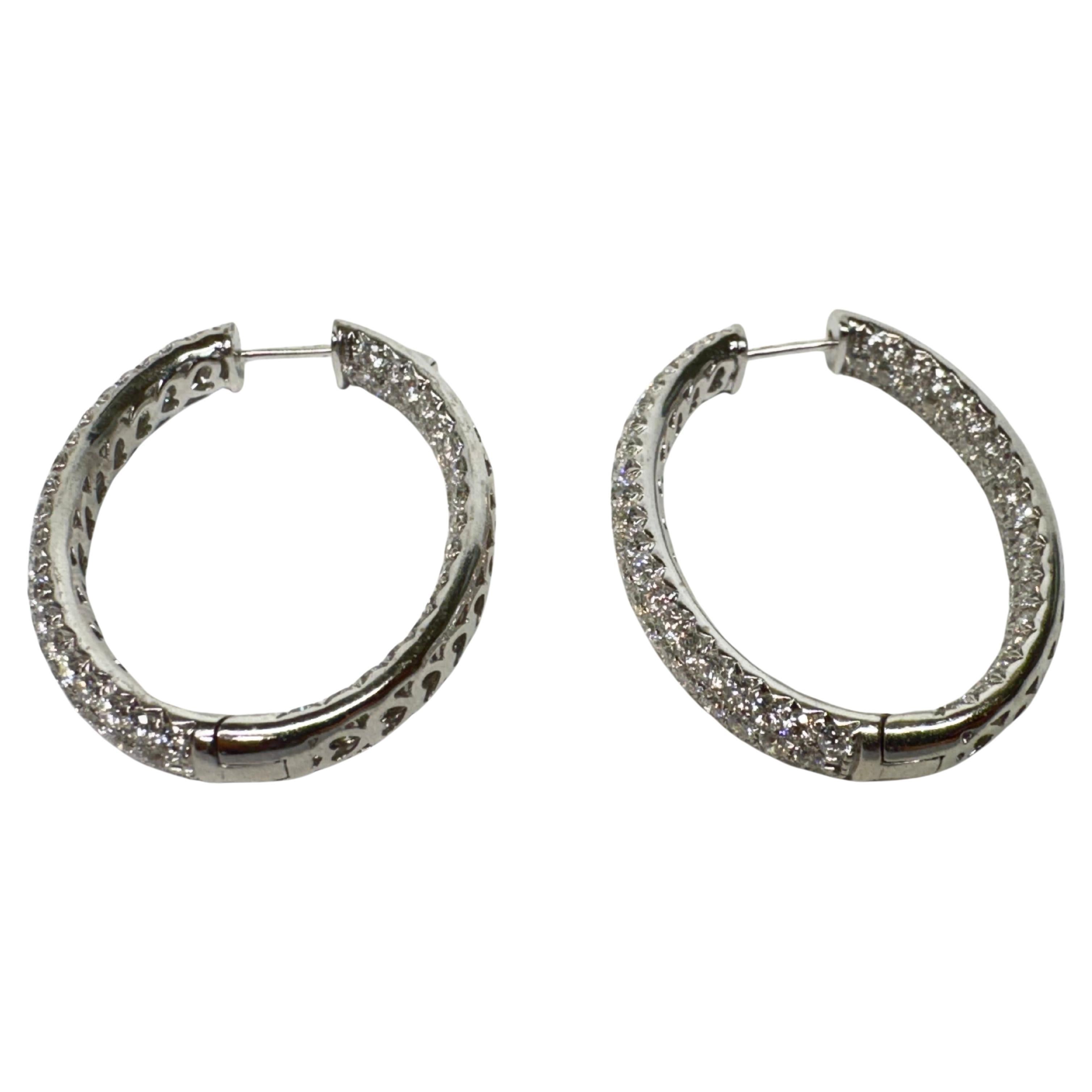 18k White Gold Diamond Hoop Earrings For Sale